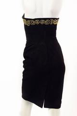 80s Black Suede Strapless Cocktail Dress with Gold Metal Embellishment