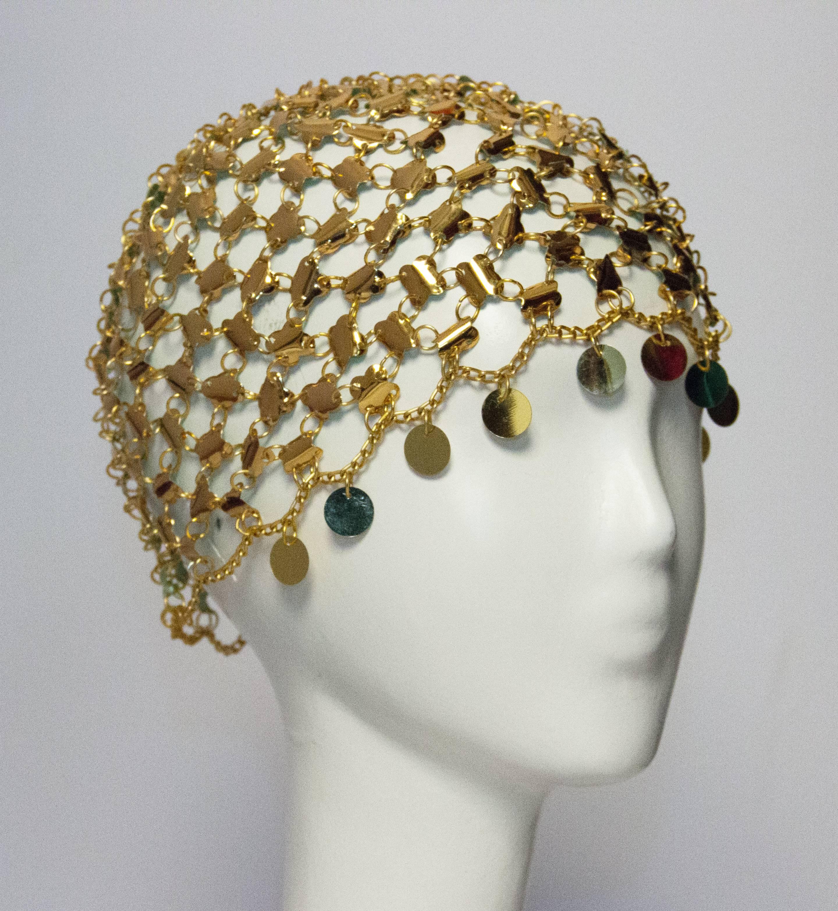 1960s Gold Paco Rabanne Mini Fringe Dress & Hat  In Excellent Condition In San Francisco, CA