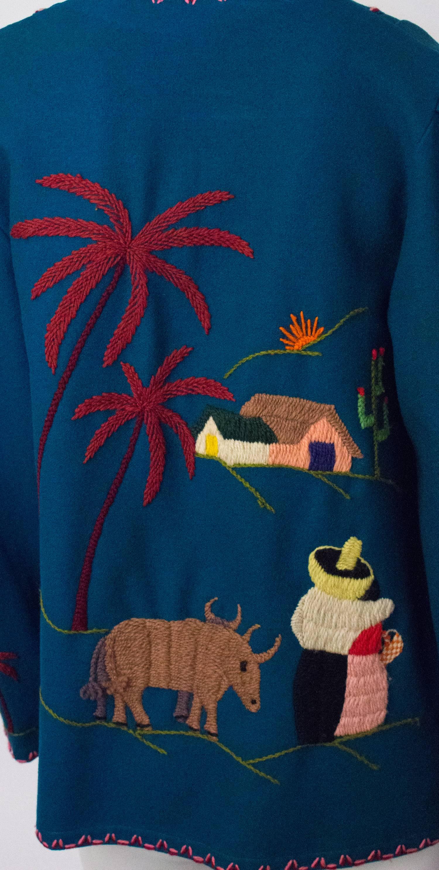 50s Blue Wool Souvenir jacket with Hand Embroidered Scene   In Good Condition In San Francisco, CA