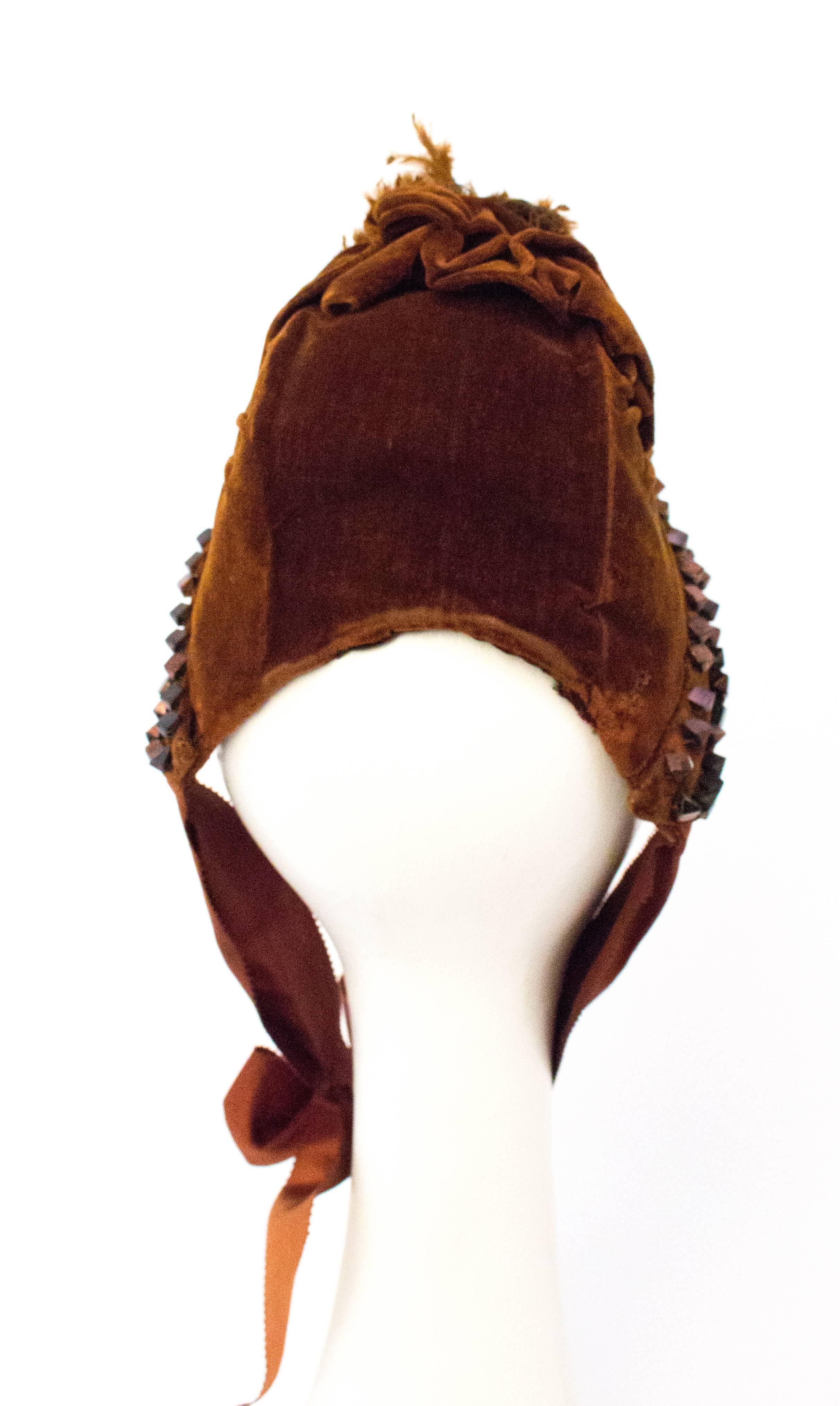 Black Victorian Brown Velvet Bonnet with Feathers. 