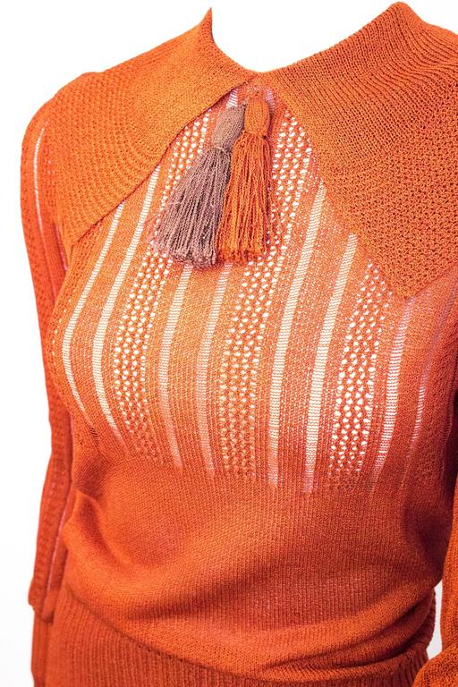 30s Orange Knit Midi Skirt Suit with Collar and Tassel at 1stDibs