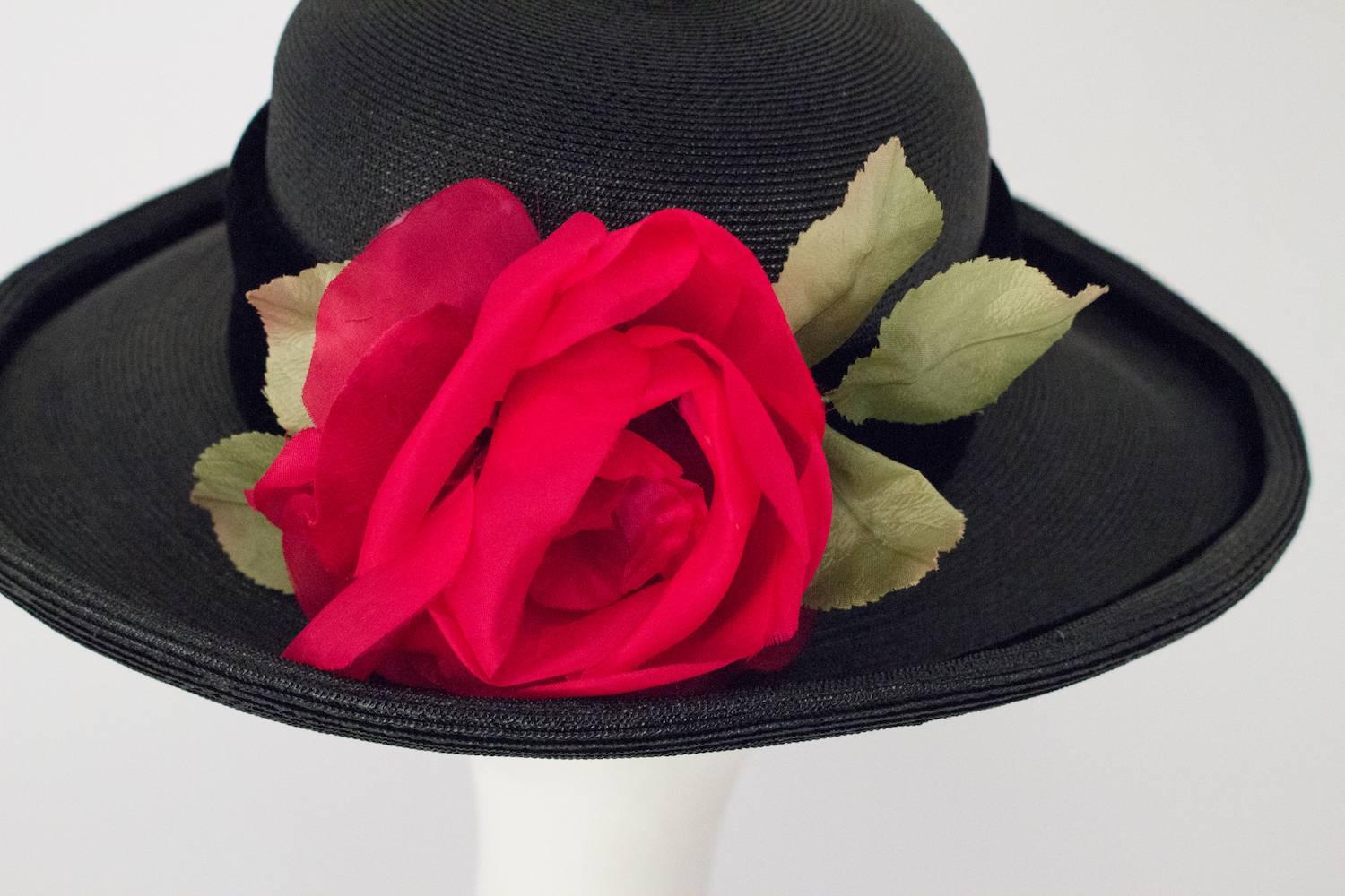 80s Christian Dior Black Straw Wide Brim Hat with Velvet Trim and Red Rose 1