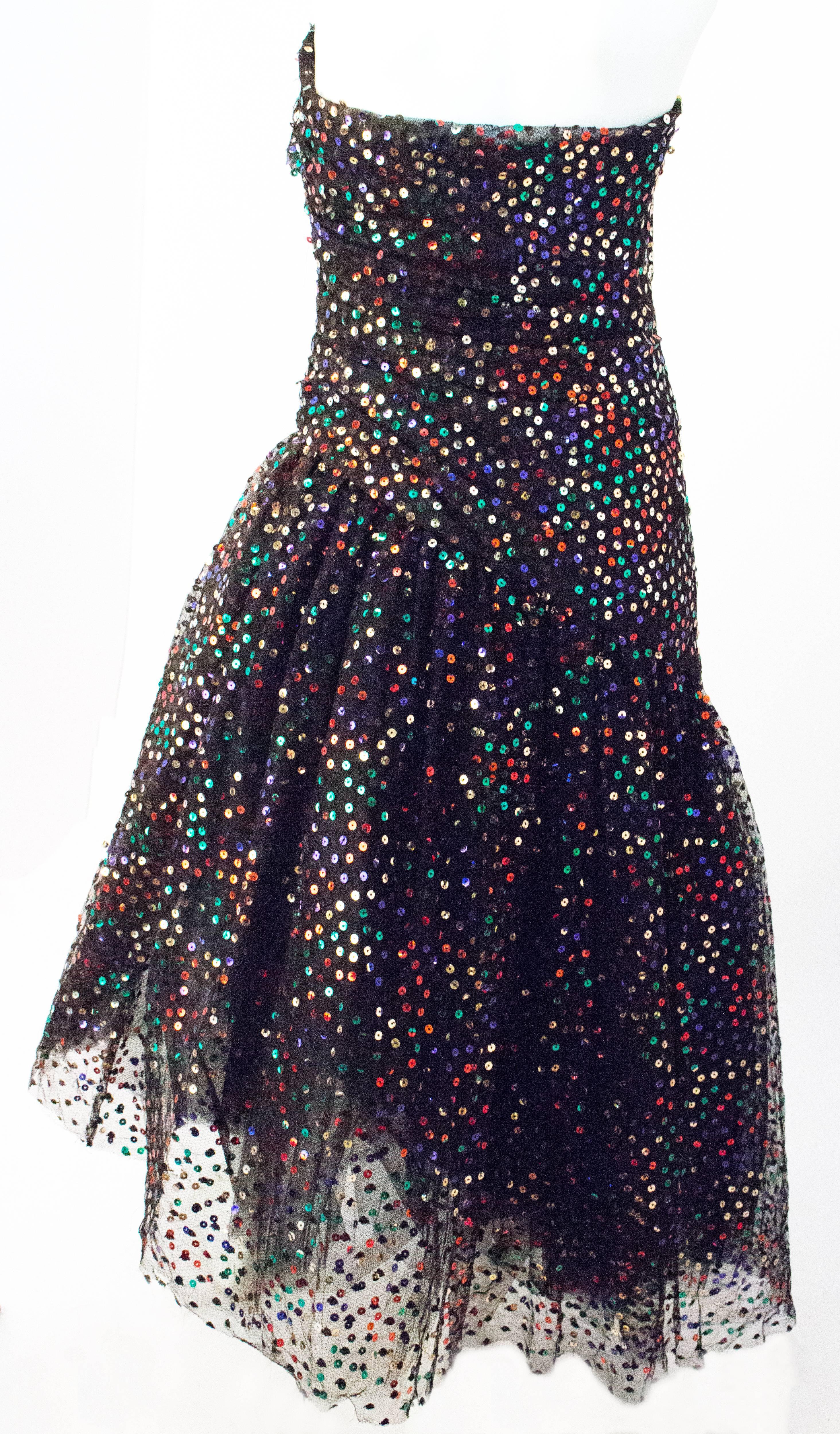 80s Saks Fifth Ave Strapless Black Tulle and Sequin Party Gown.