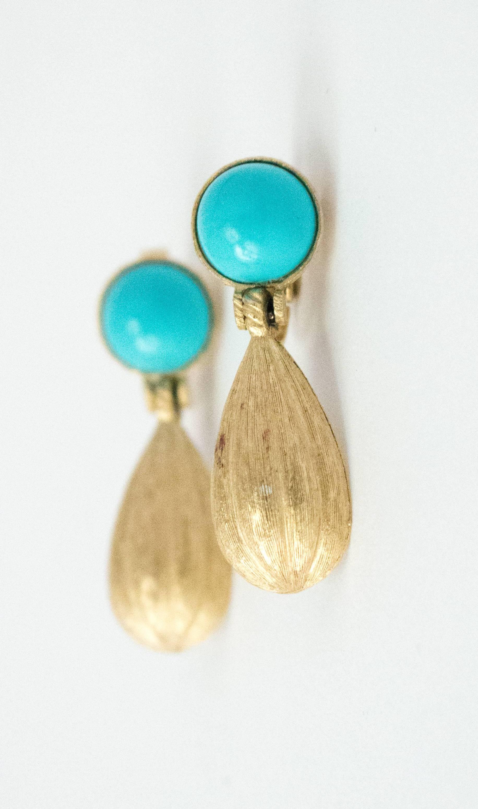50s Trafari Gold Turquoise Tear Drop Earrings In Excellent Condition In San Francisco, CA