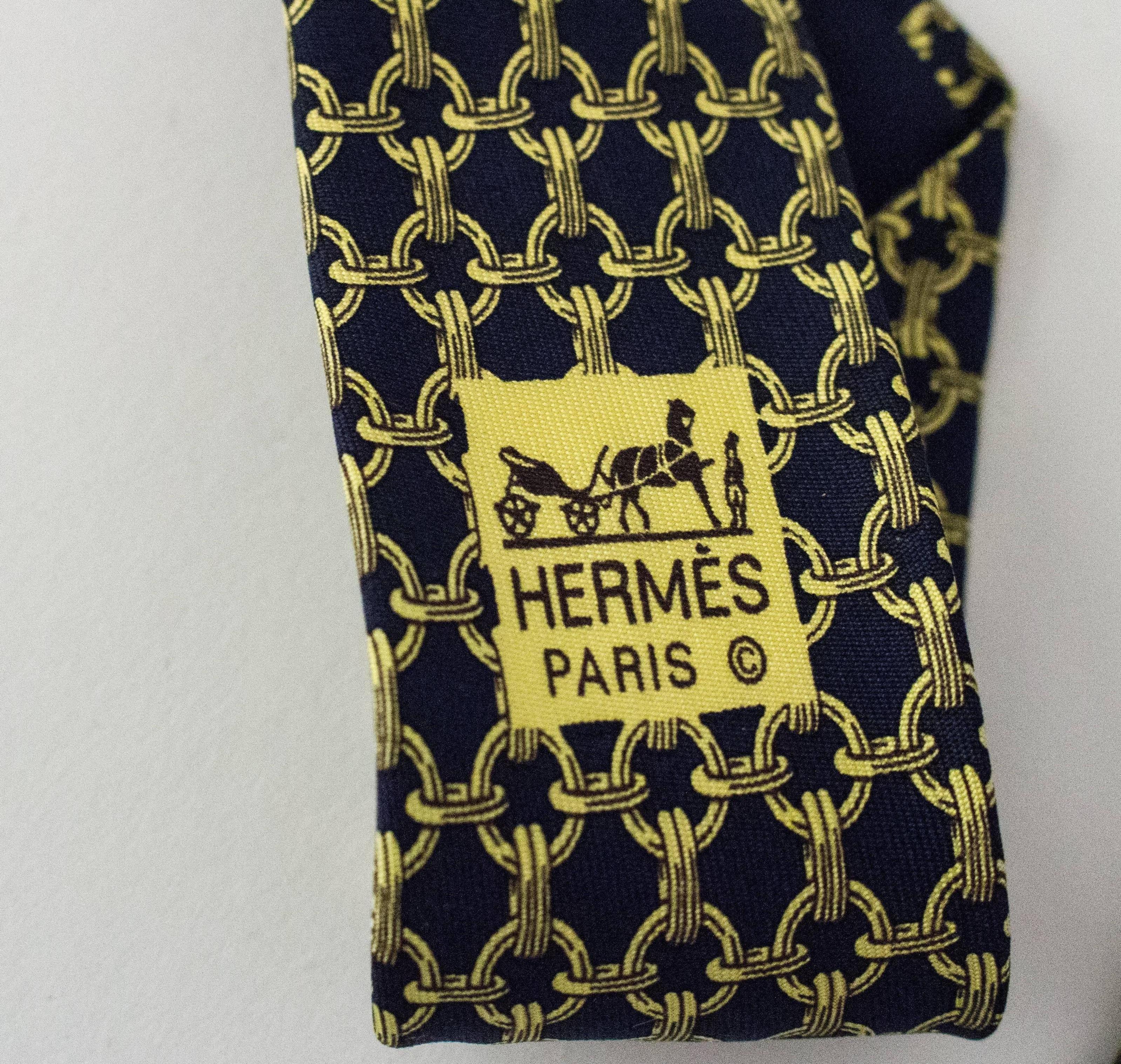 Black Hermes Silk Tie Chain Print