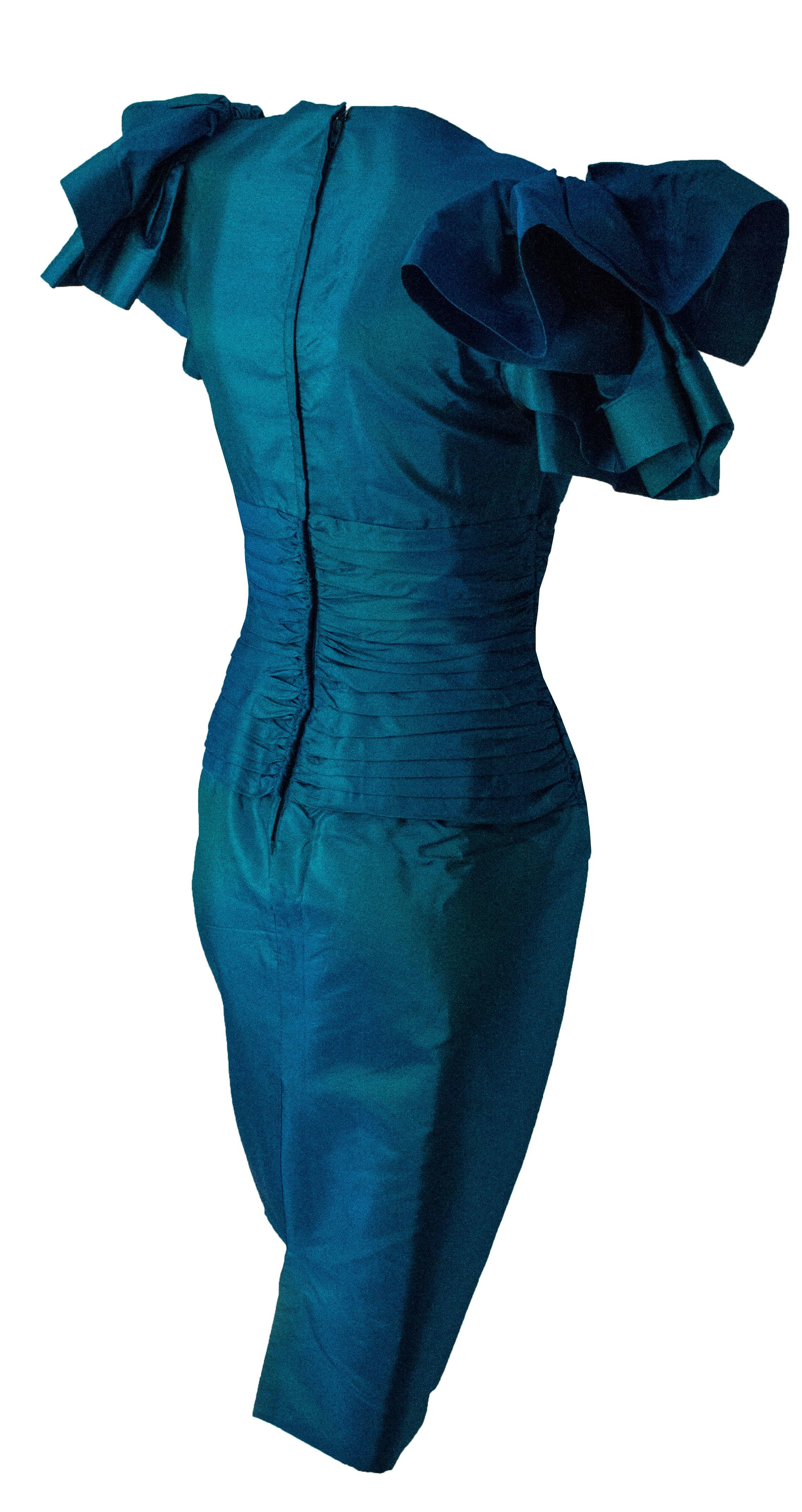 80s Iridescent Dress. Blue green taffeta. Shoulder pads.