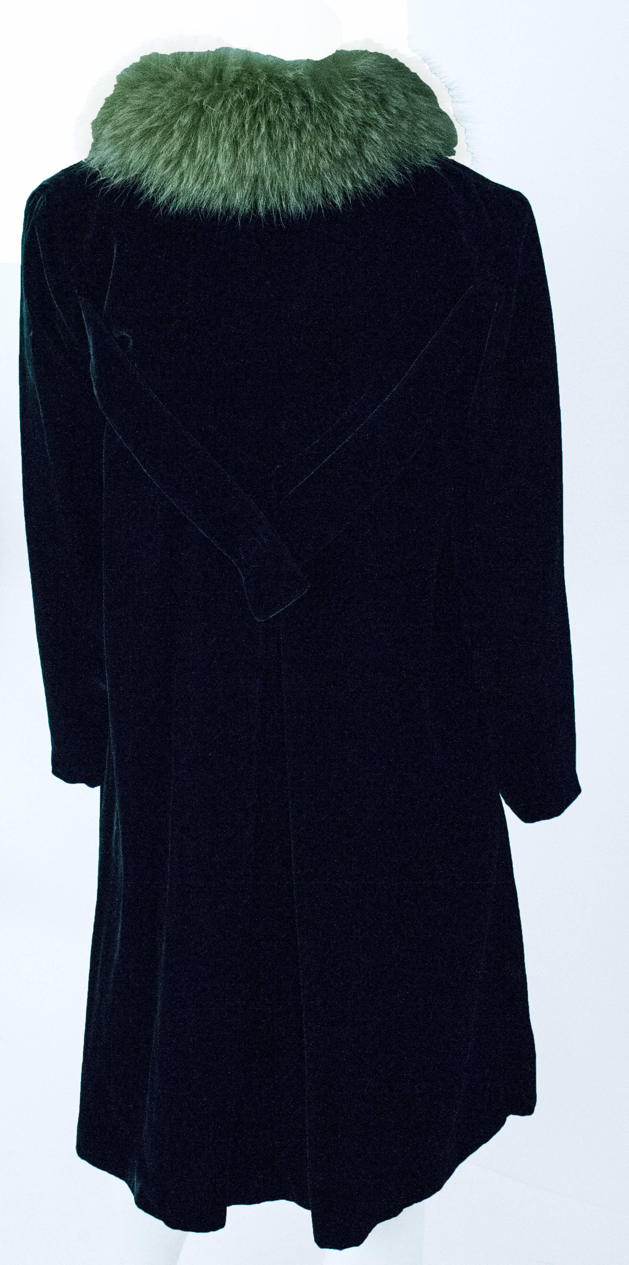 60s Dark Green Velvet Coat with Green Fox Fur Trim. No from closures, no pockets. Size approximately US small. 22