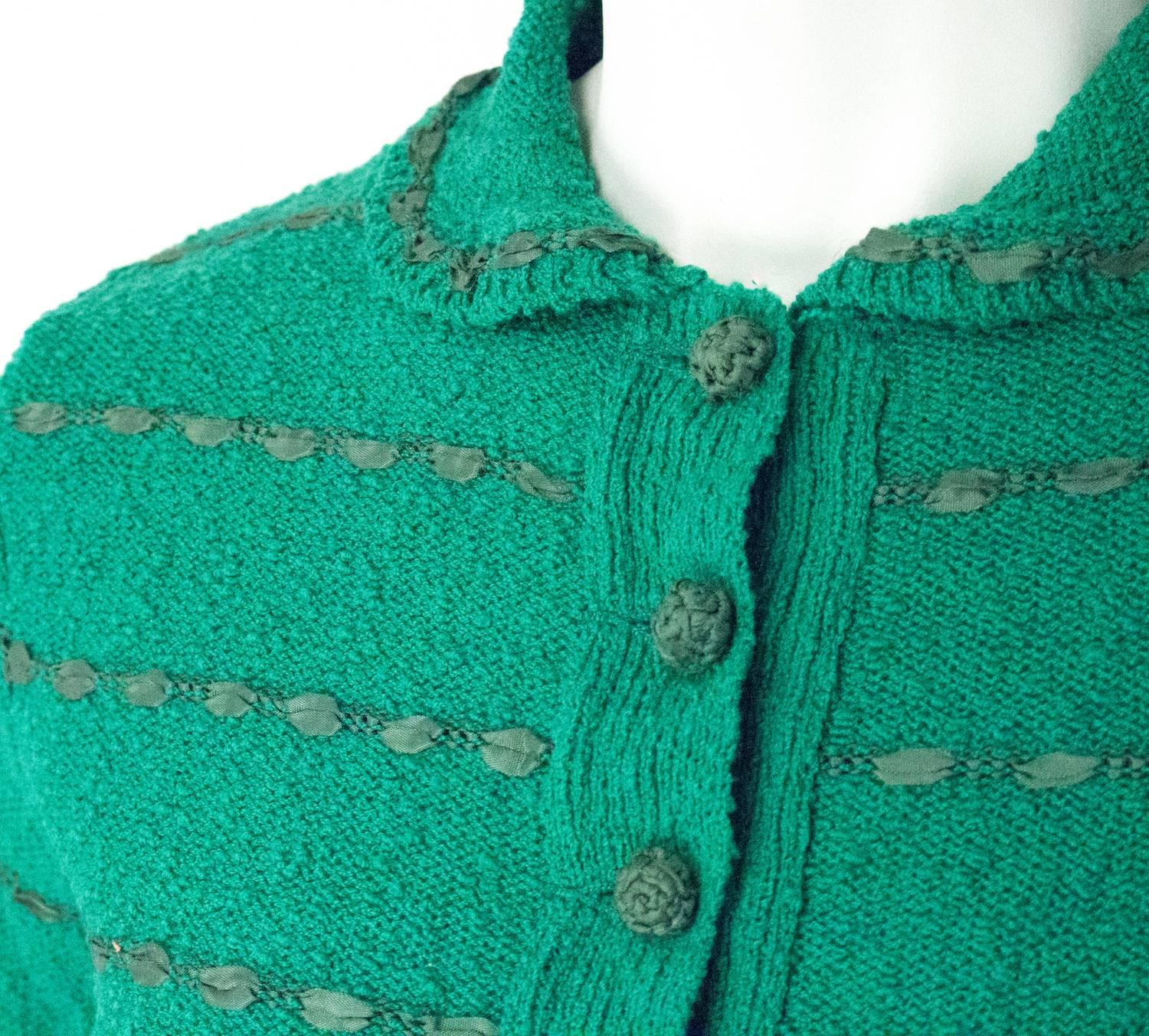 Women's 50s Green Knit Sweater Top With Ribbon Weave