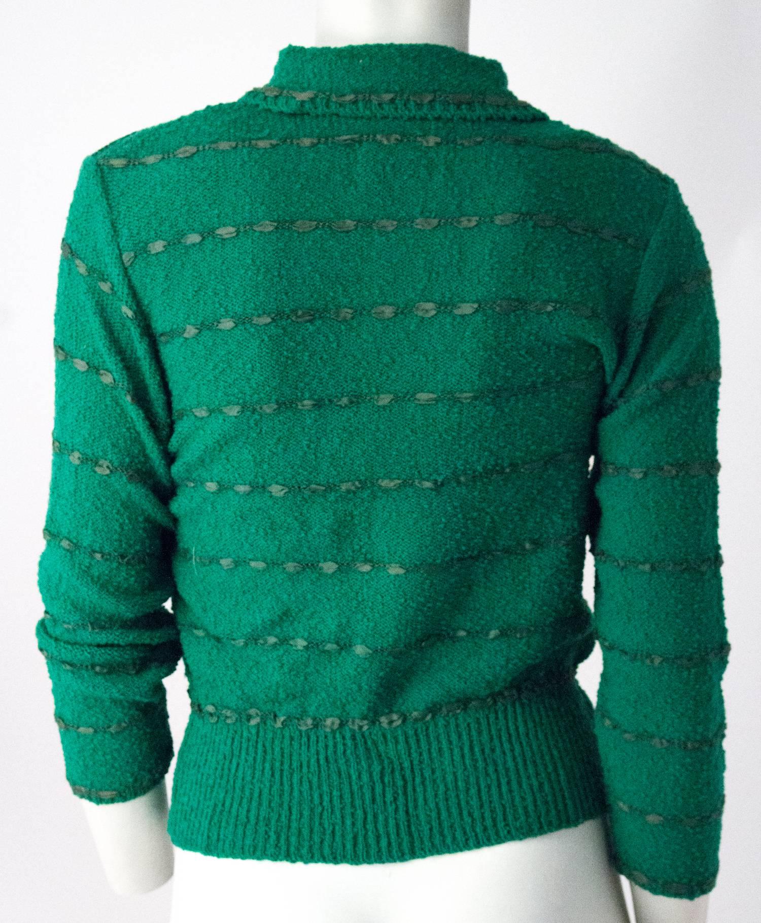 50s Green Knit Sweater Top With Ribbon Weave In Excellent Condition In San Francisco, CA
