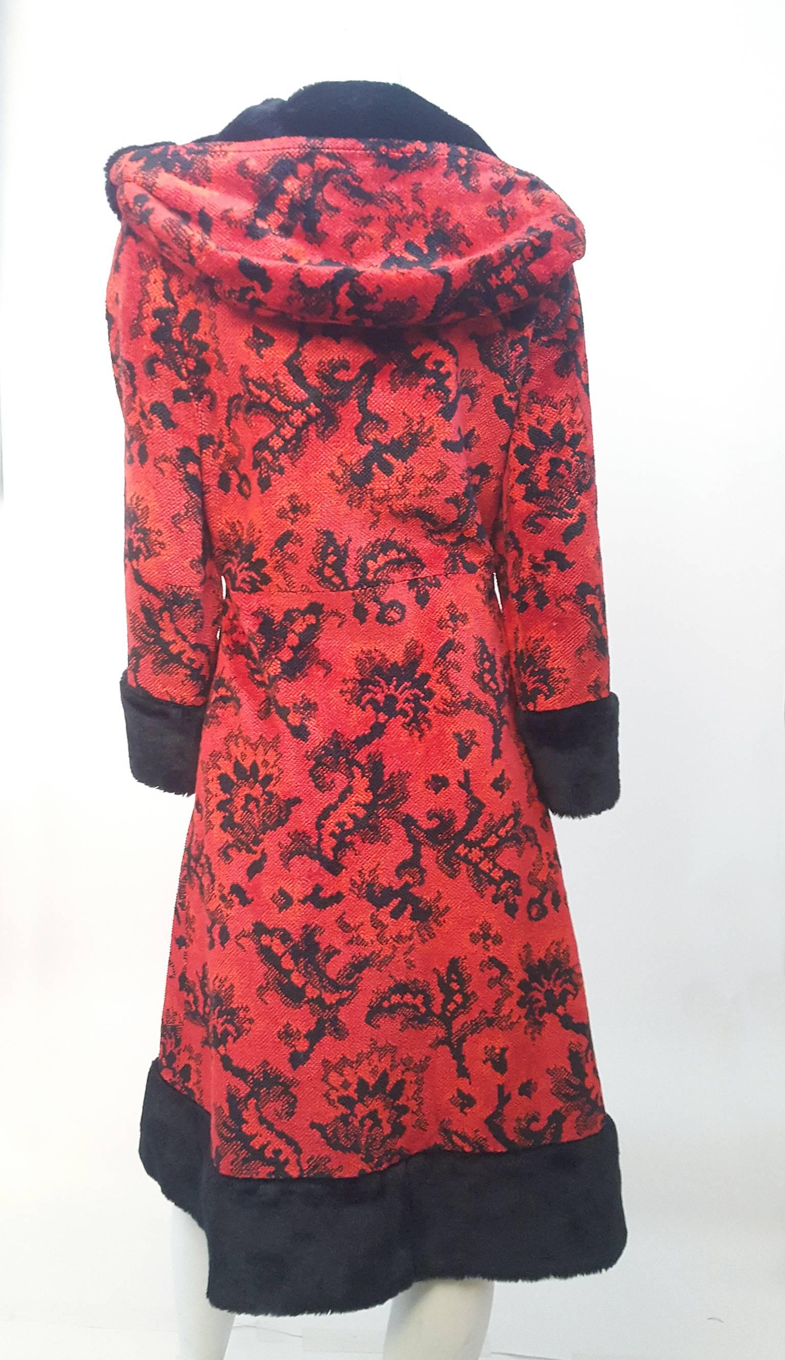 Brown 70s Red Hooded Tapestry Coat w/ Black Faux Fur Trim