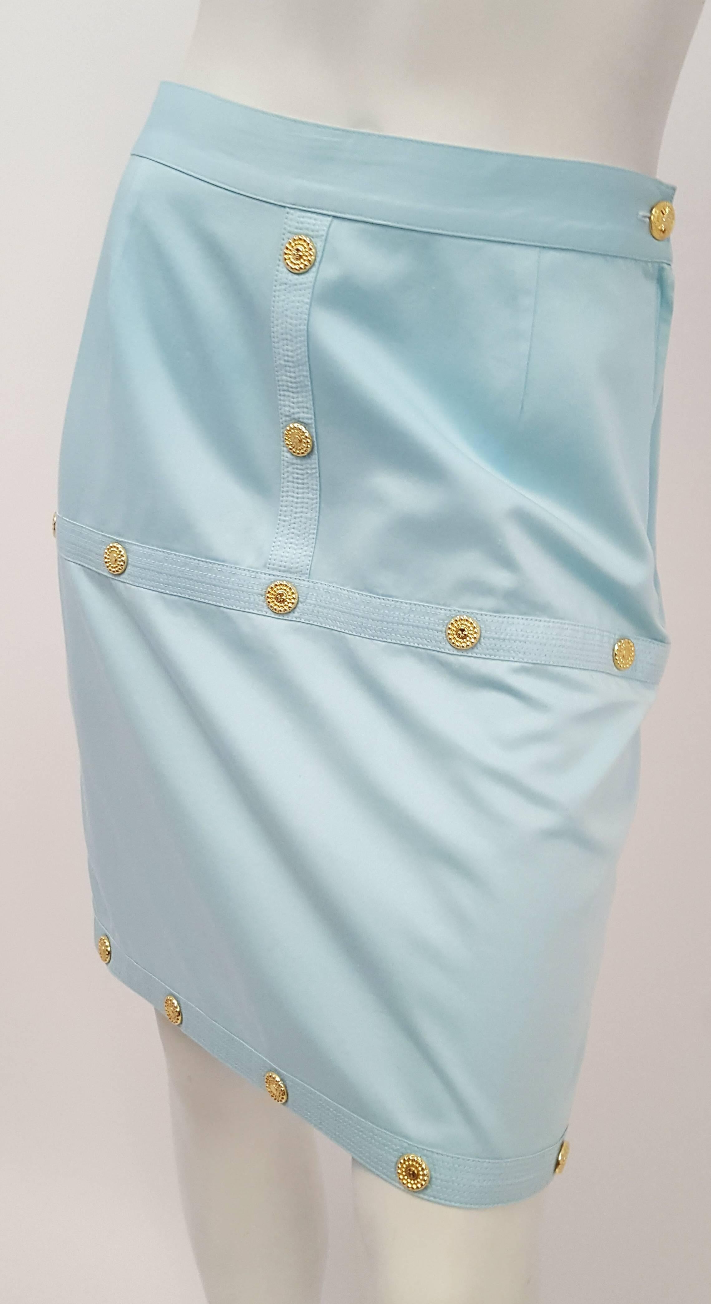 90s Versace Jeans Couture Sky Blue Medallion Detail Blazer & Skirt Set In Excellent Condition In San Francisco, CA