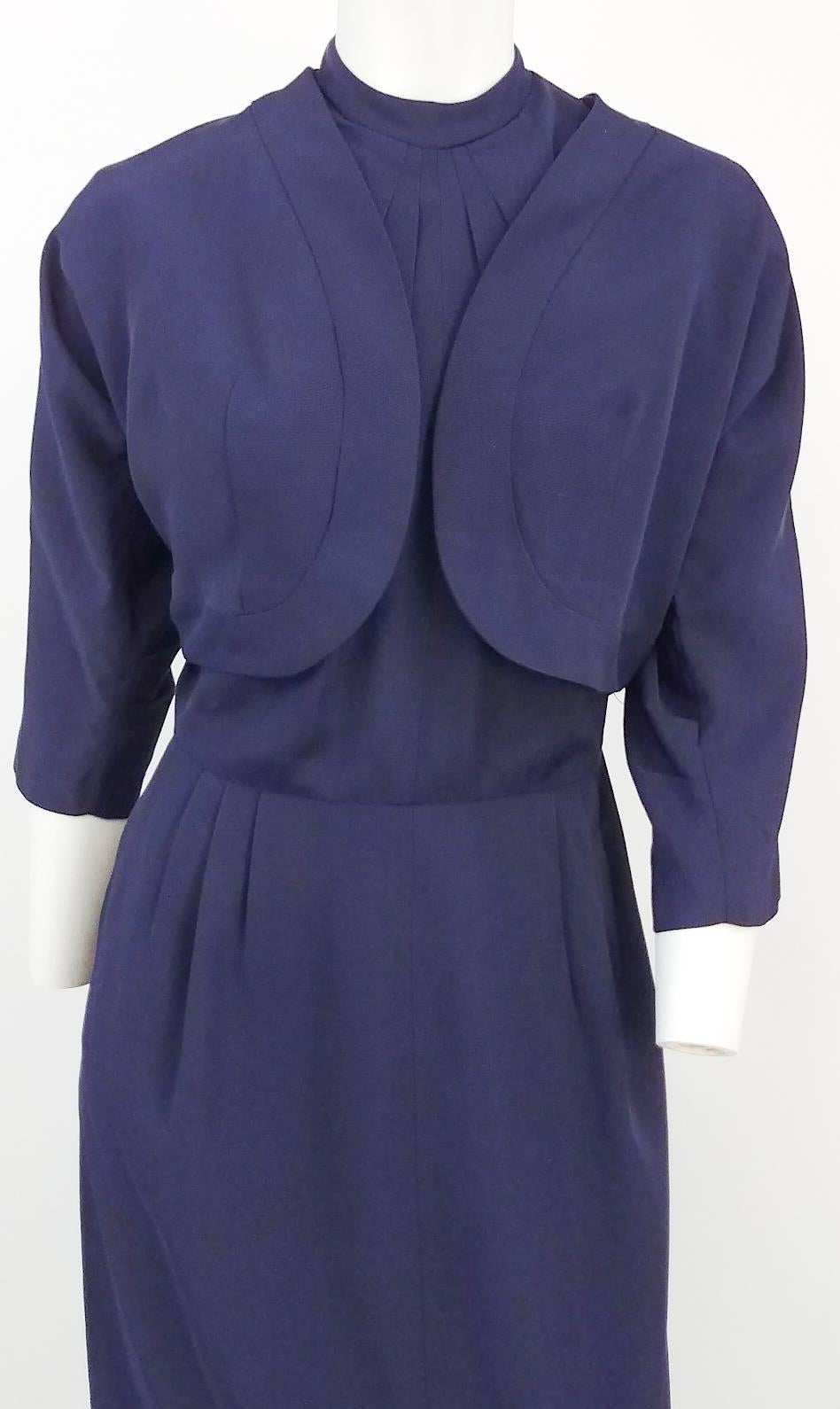 60s Navy Blue Dress & Bolero Set. Pintuck collar detail. Short dolman sleeves. Zips up back. Unlined. 