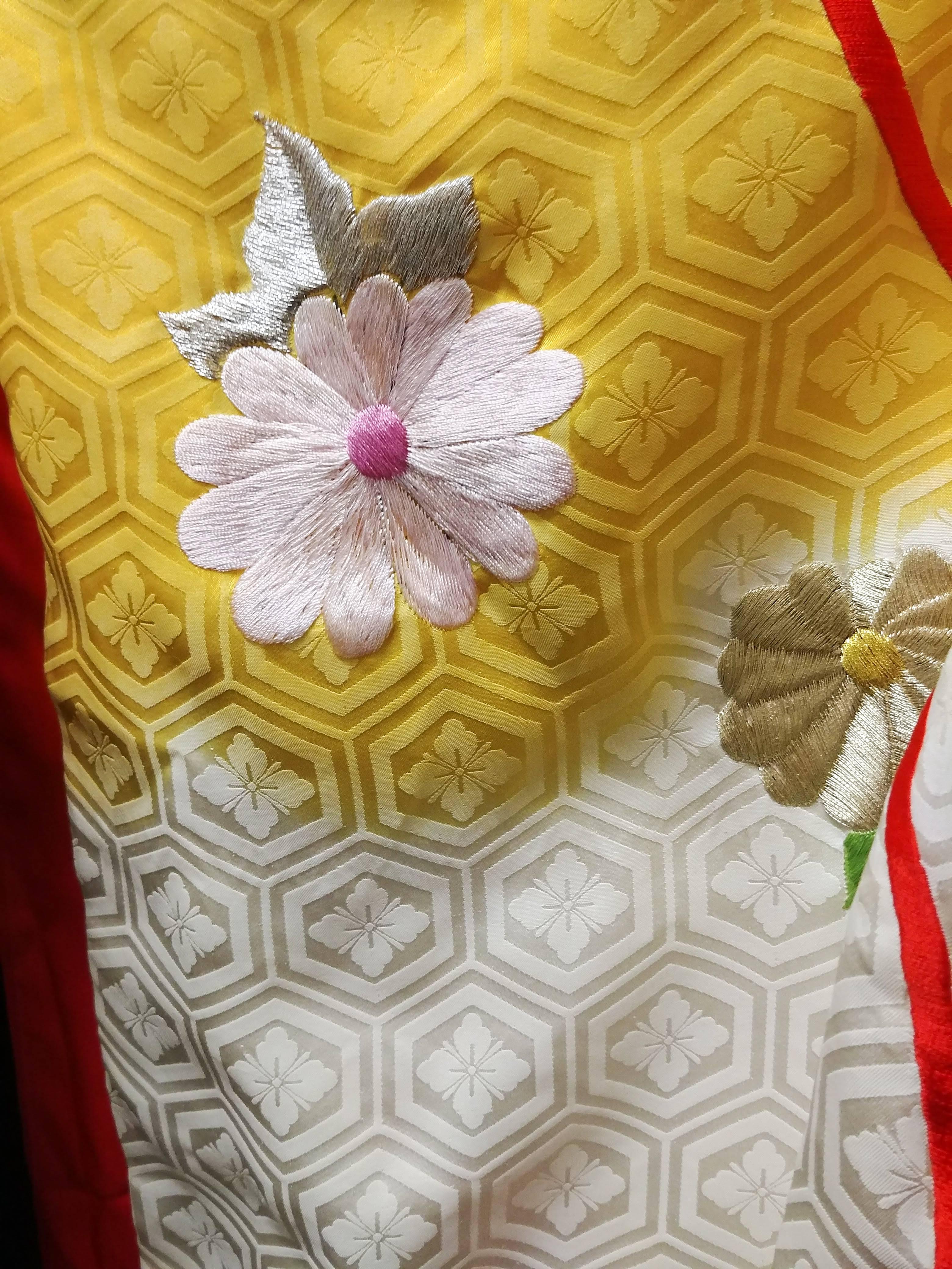 Flowers & Temari Yellow Silk Jacquard Kimono with Colorful Embroidery For Sale 1
