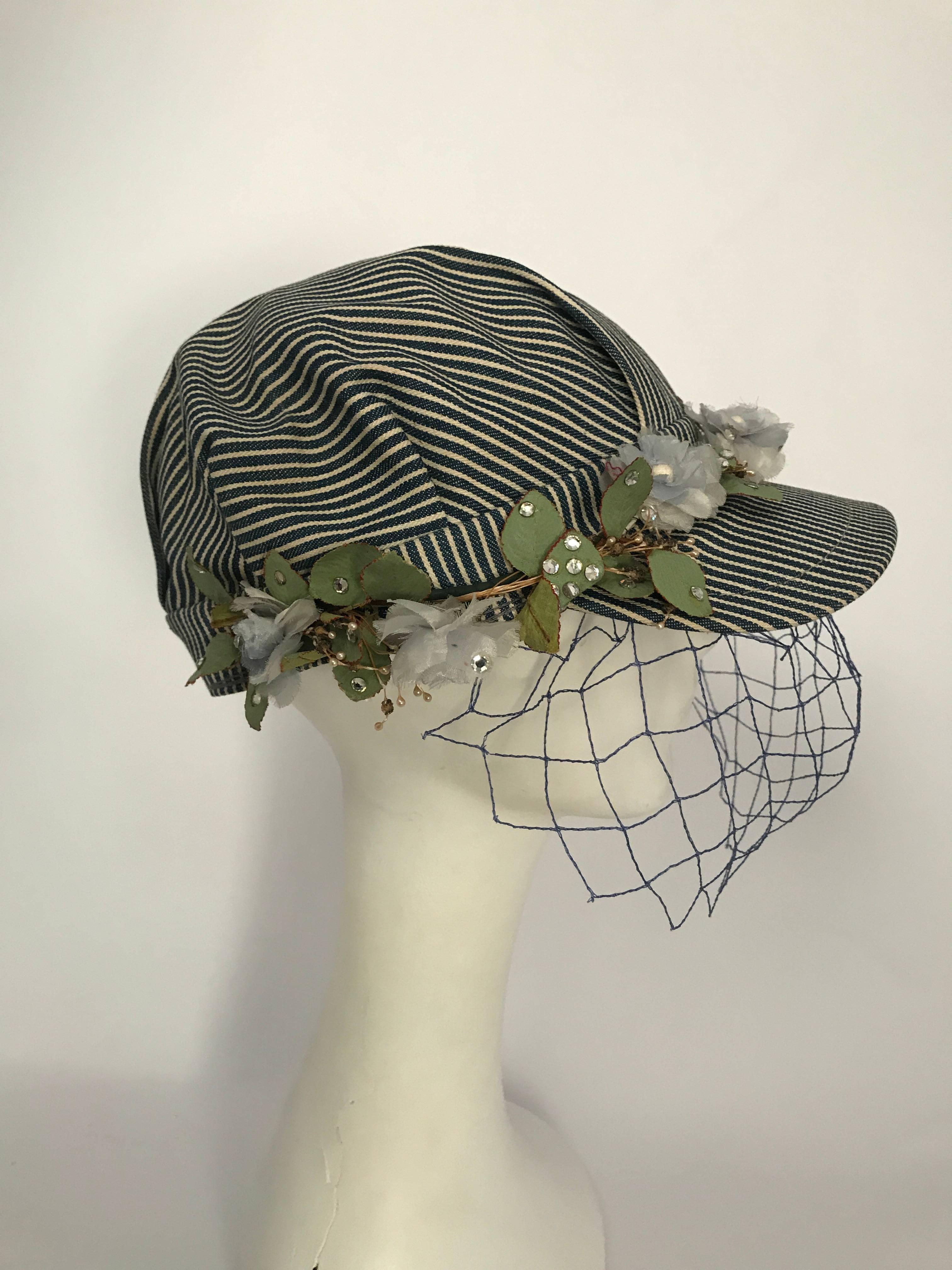 1950s Working Railroad Hat with Silk Flowers and Net. Blue and white striped railroad working cap with blue net and silk hand-cut flowers with set rhinestones on leaves. 23 inch circumference. 