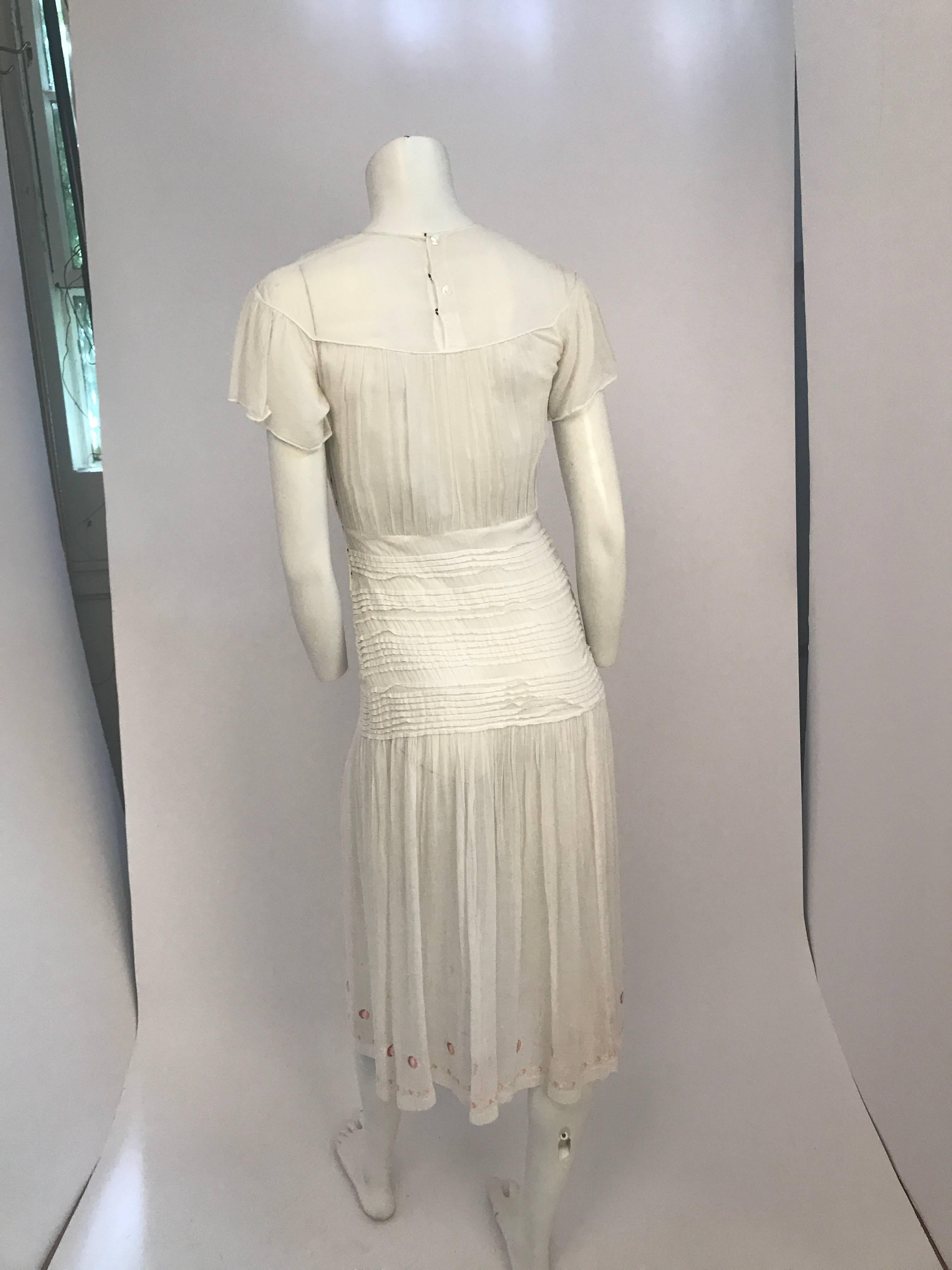 Women's White Cotton Day Dress with Peach Embroidered Hem, 1920s  For Sale