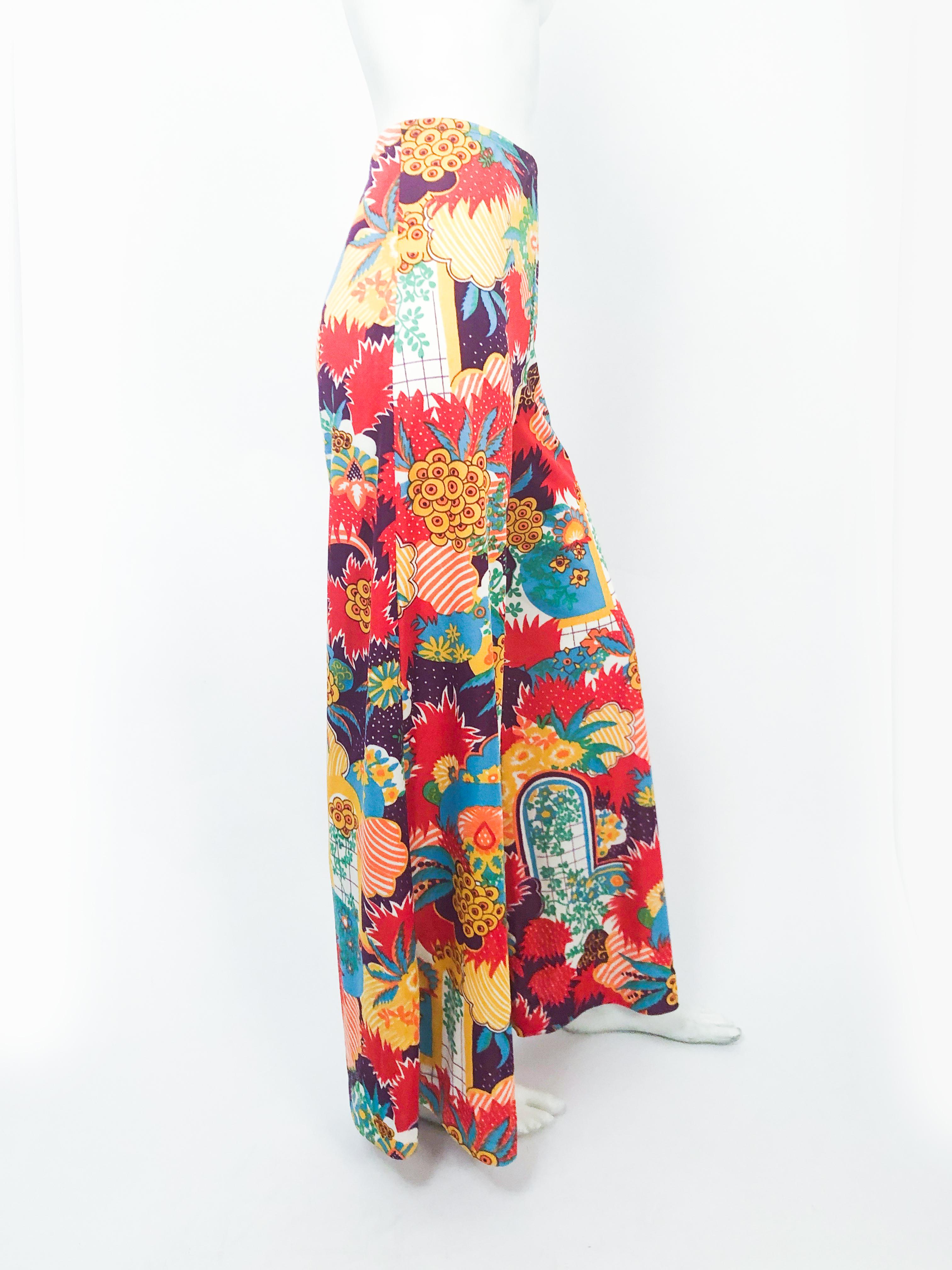 1970s Multi-colored Printed Wide Legged Pants  In Fair Condition For Sale In San Francisco, CA