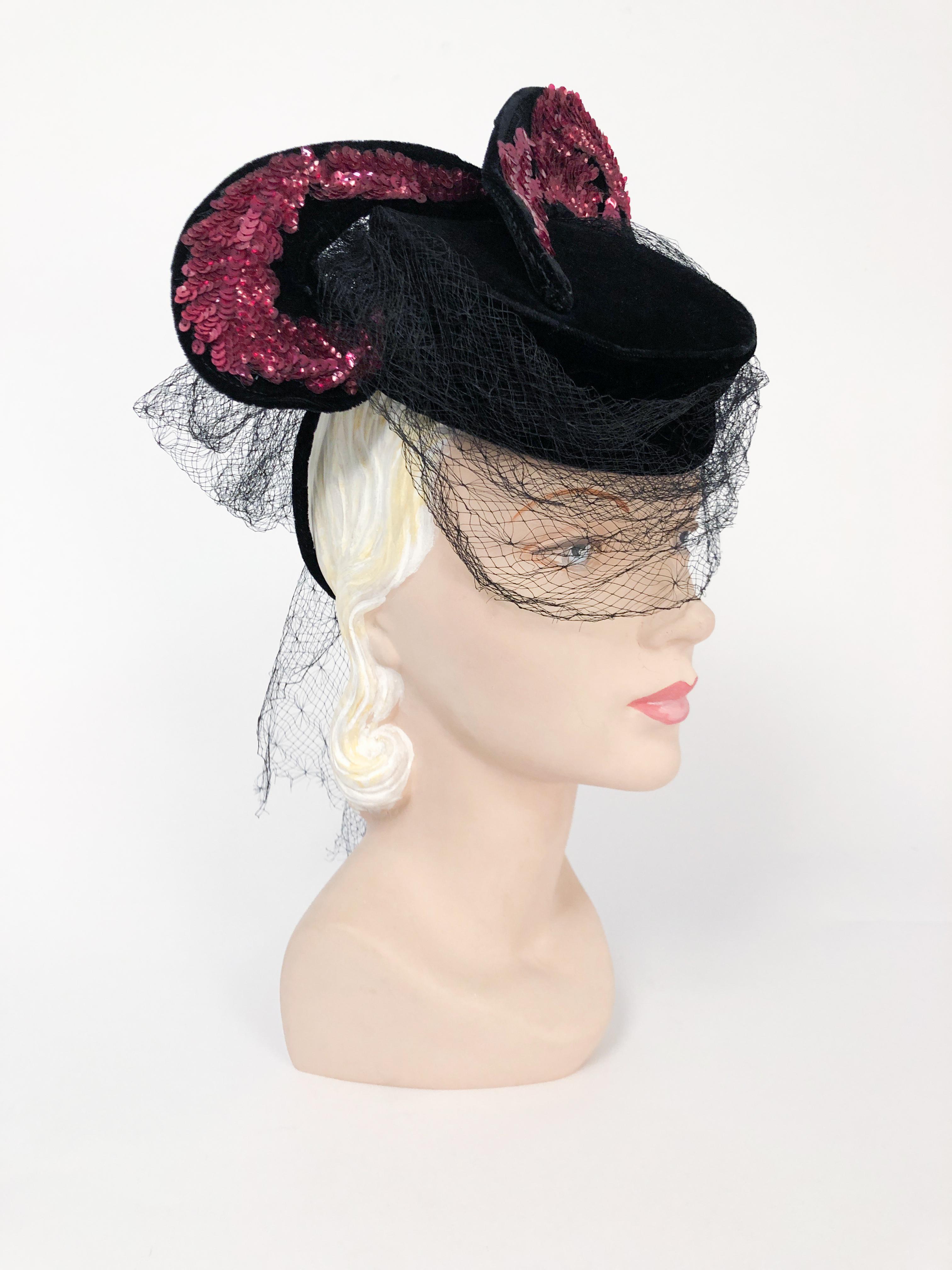 1940s Black Velvet Hat With Magenta Sequin Wings and Draped Veil 1