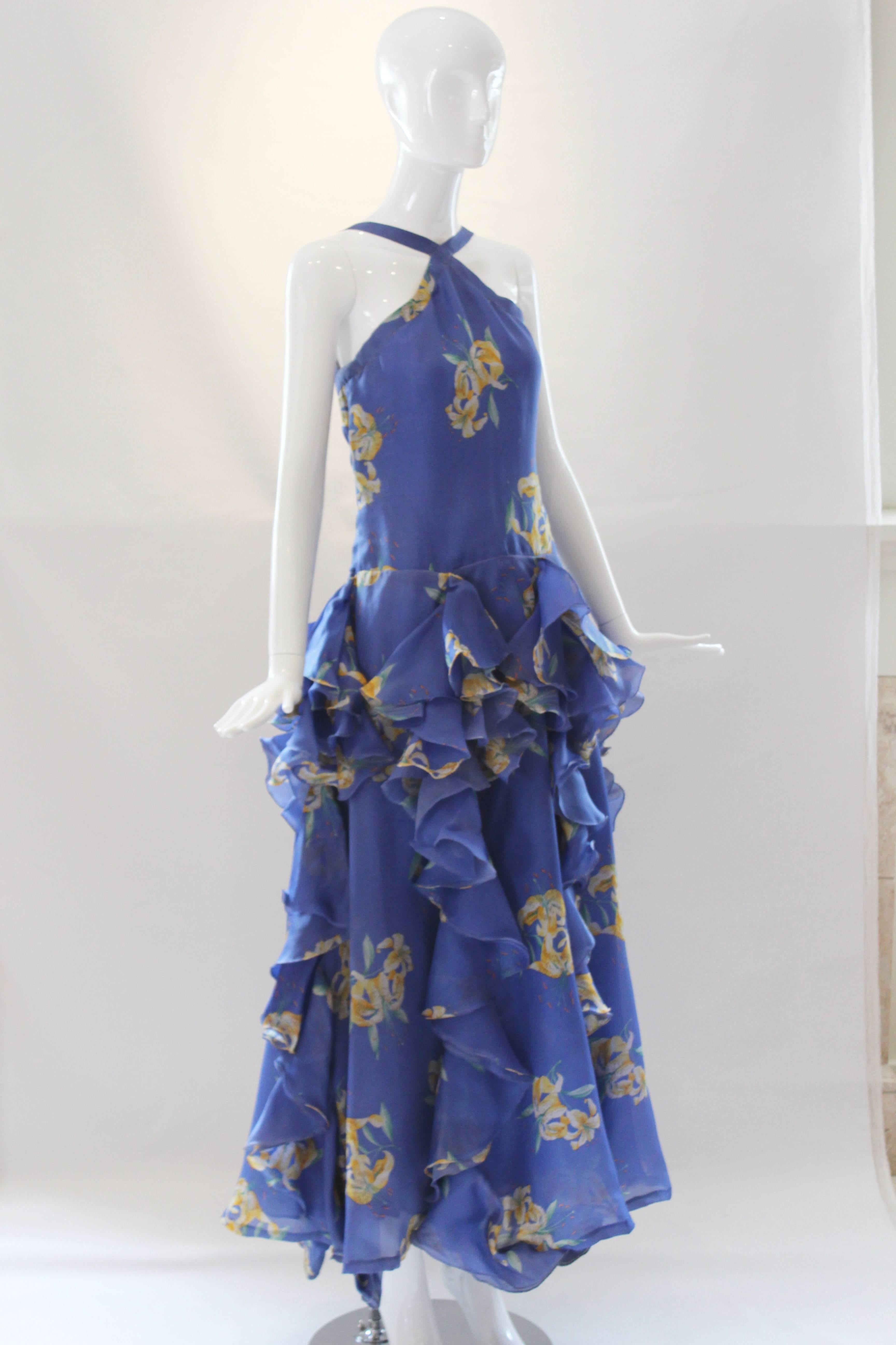 Women's 1970's Vintage Gucci Blue Floral Gown 