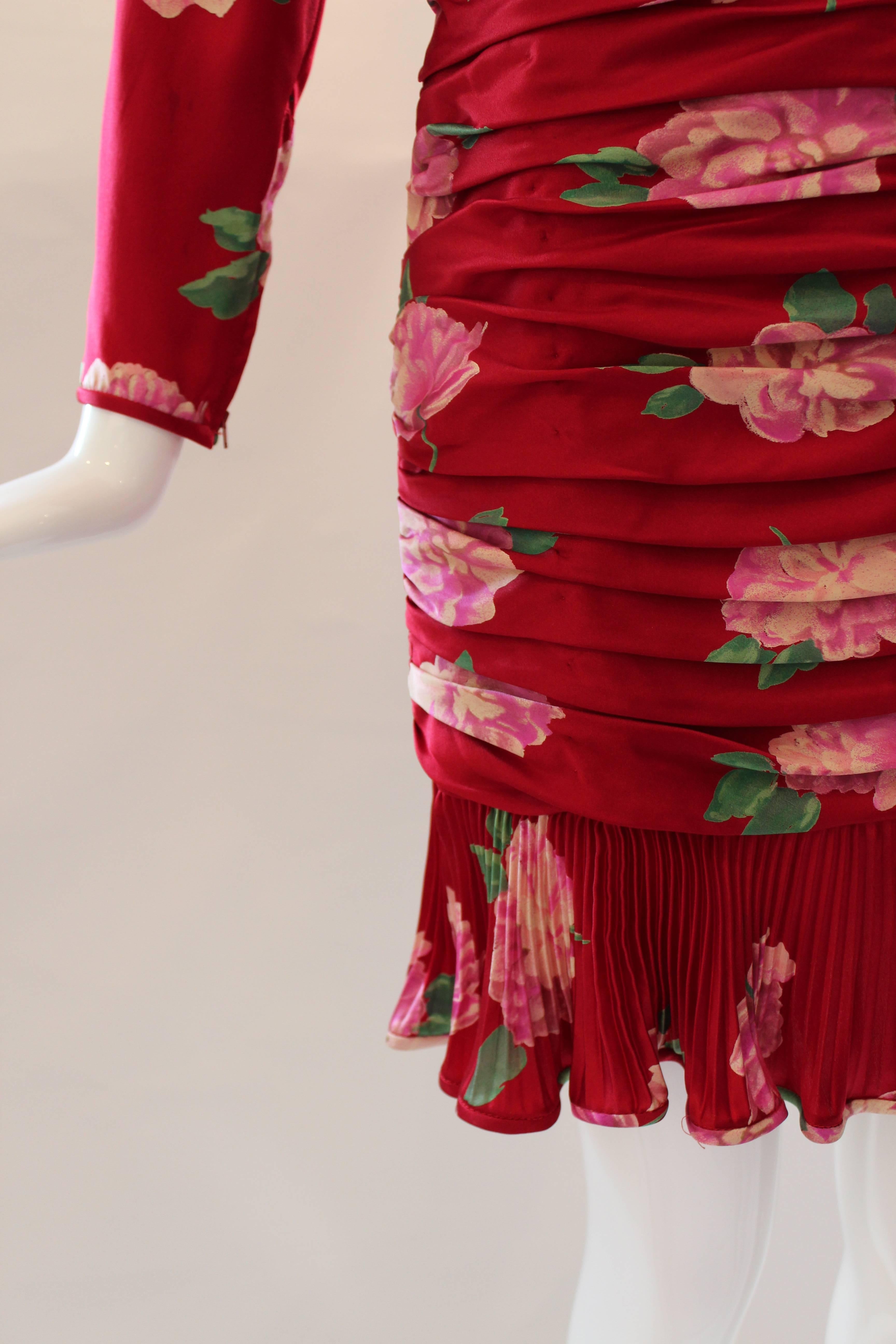 Red 1980's Ungaro Floral Cocktail Dress 
