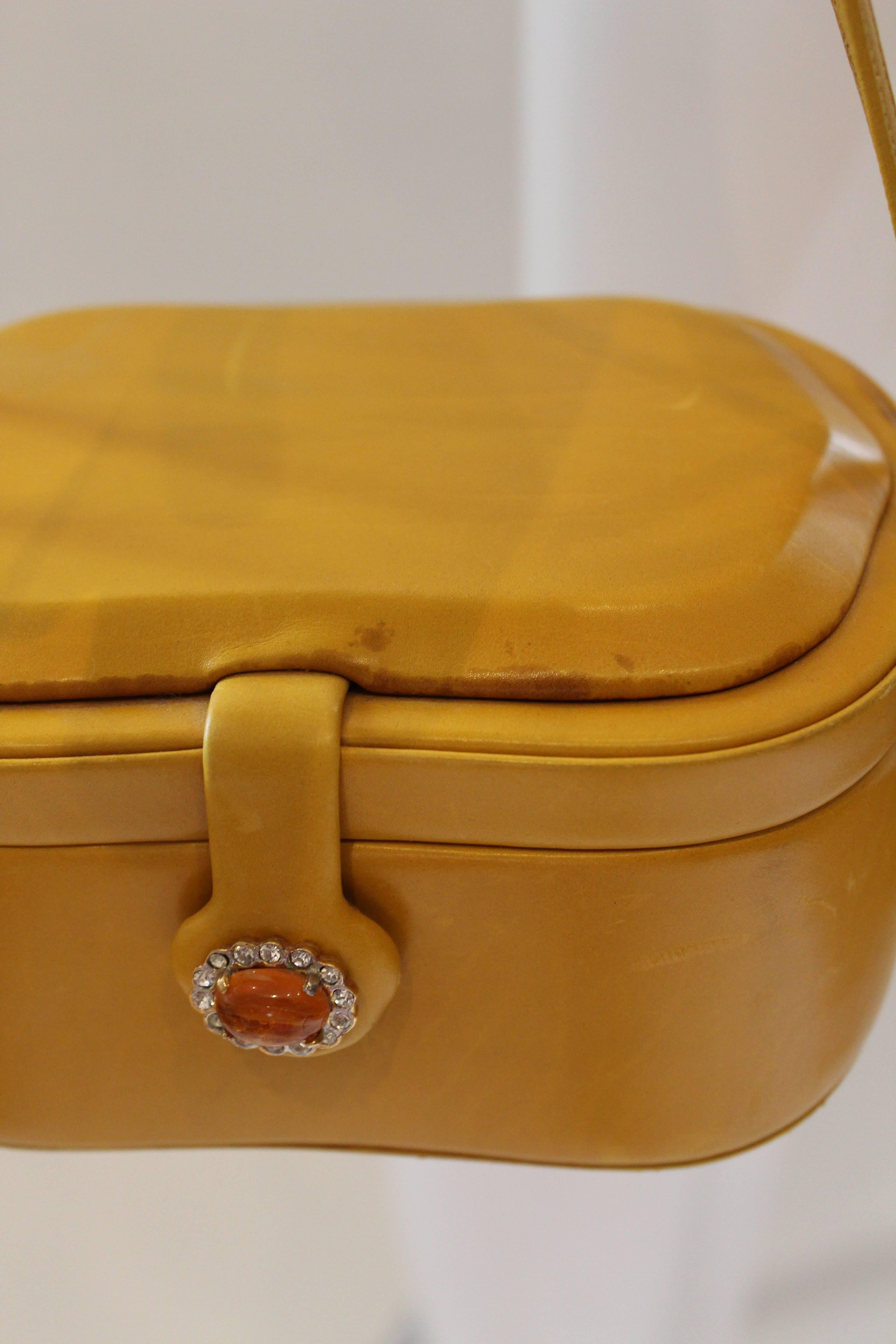 Brown Rare 1960's Judith Leiber Mustard Leather Box Handbag  For Sale