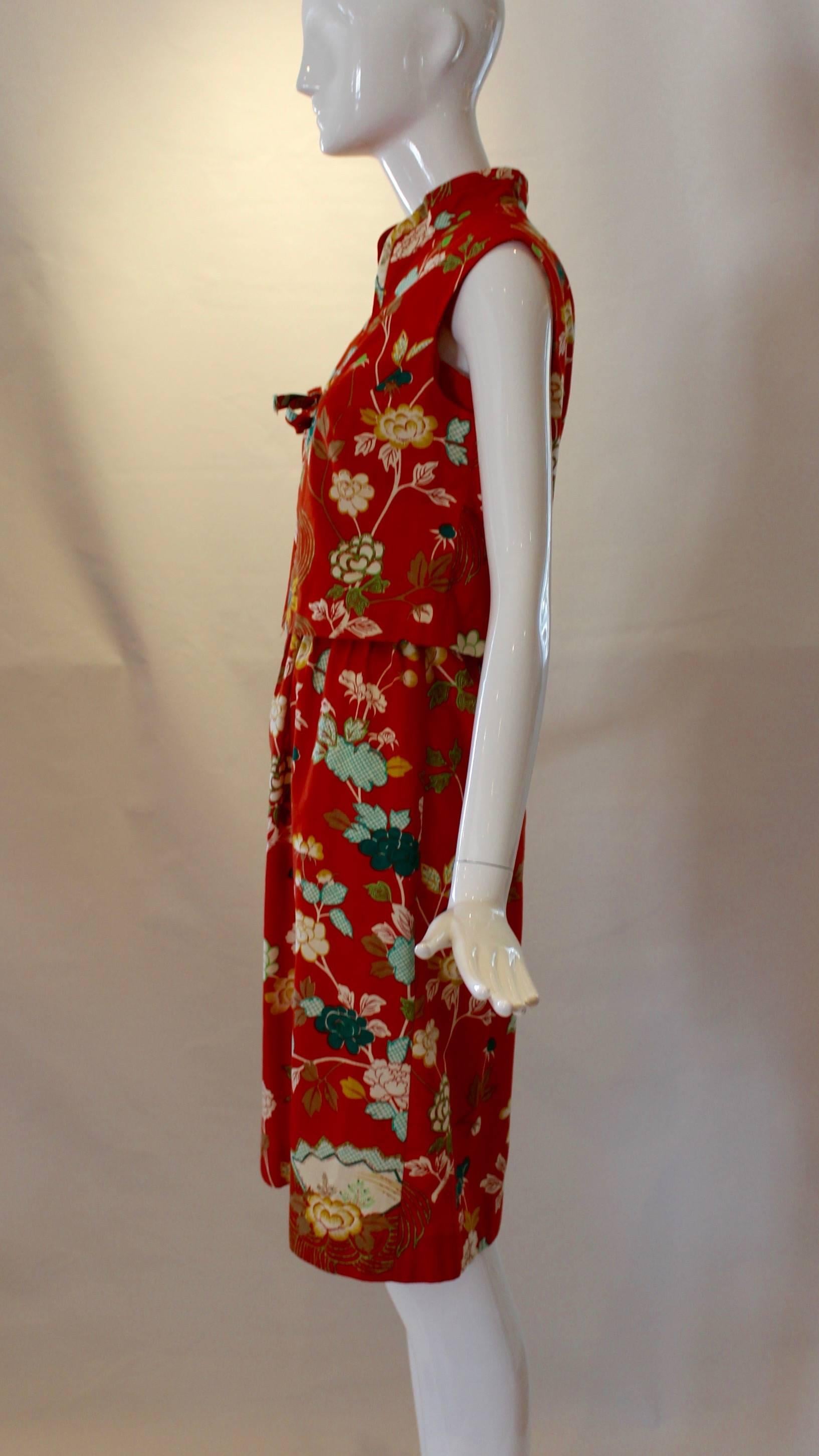 Red 1960s Neiman Marcus Two Piece Printed Sundress 