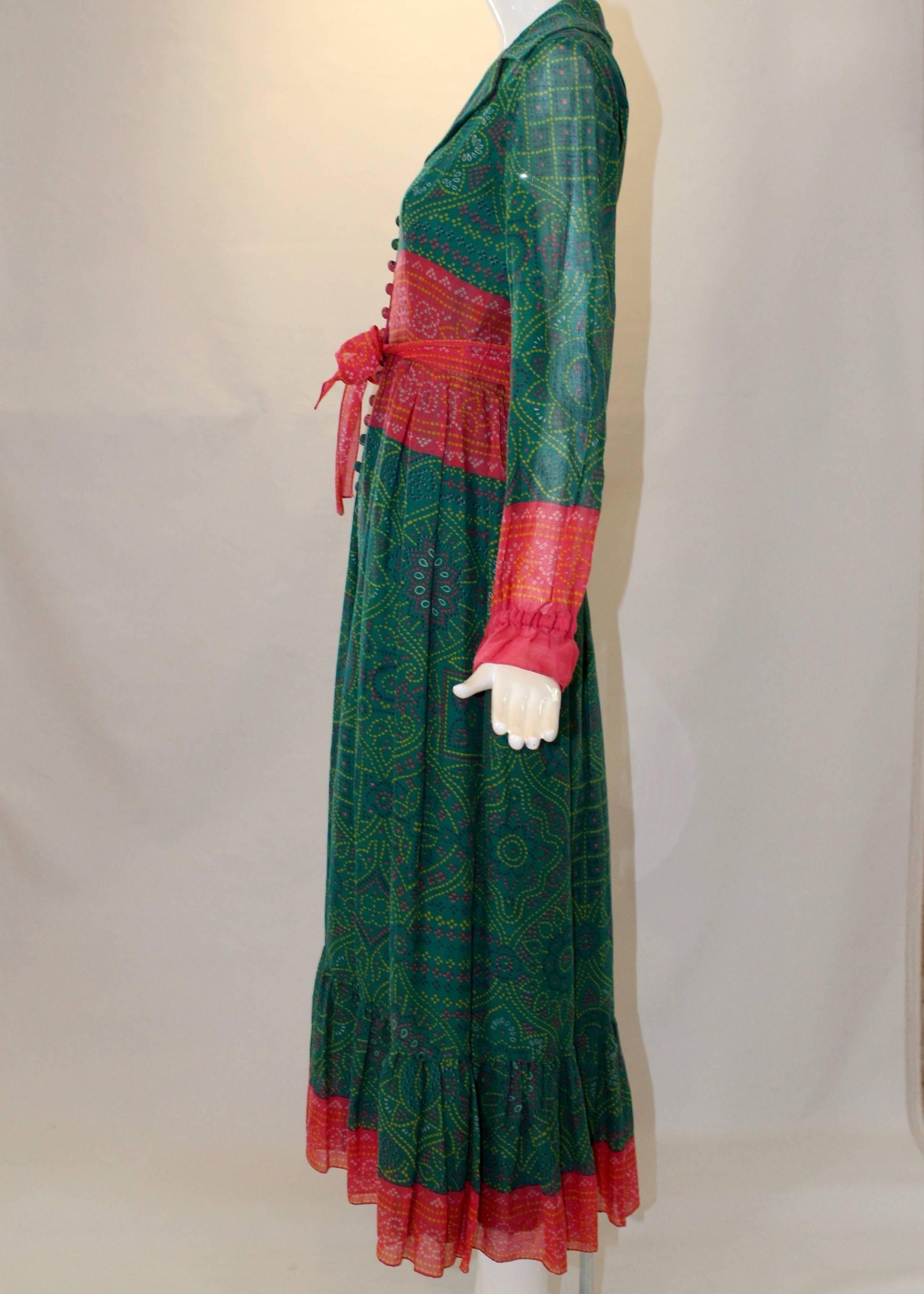 Blue 1970s Oscar de la Renta Printed Peasant Dress 