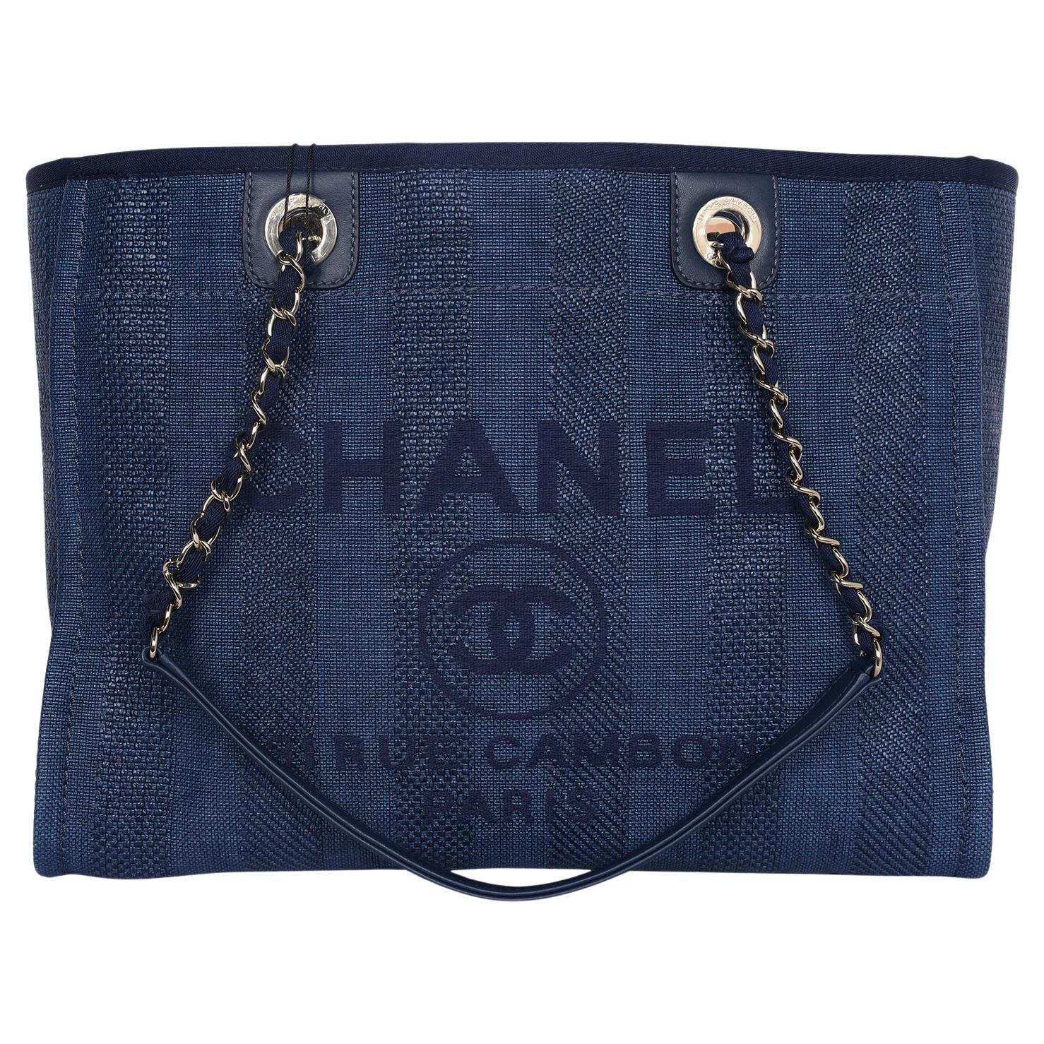 Chanel Blue Striped Mixed Fibers Medium Deauville Shoulder Bag Tote Navy 2019 For Sale
