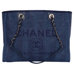 Chanel Blue Striped Mixed Fibers Medium Deauville Shoulder Bag Tote Navy 2019