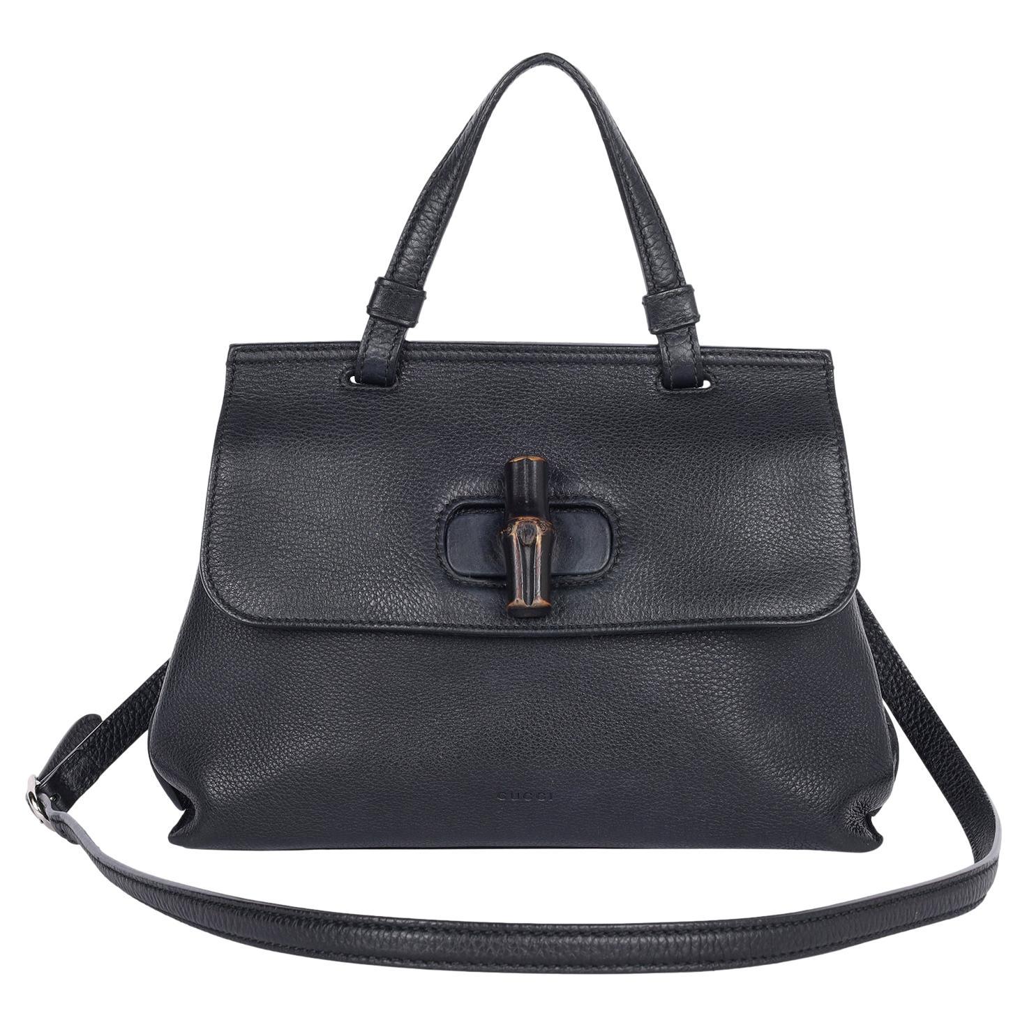 Bolso de asa superior Gucci Pebbled Calfskin Large Bamboo Daily Negro