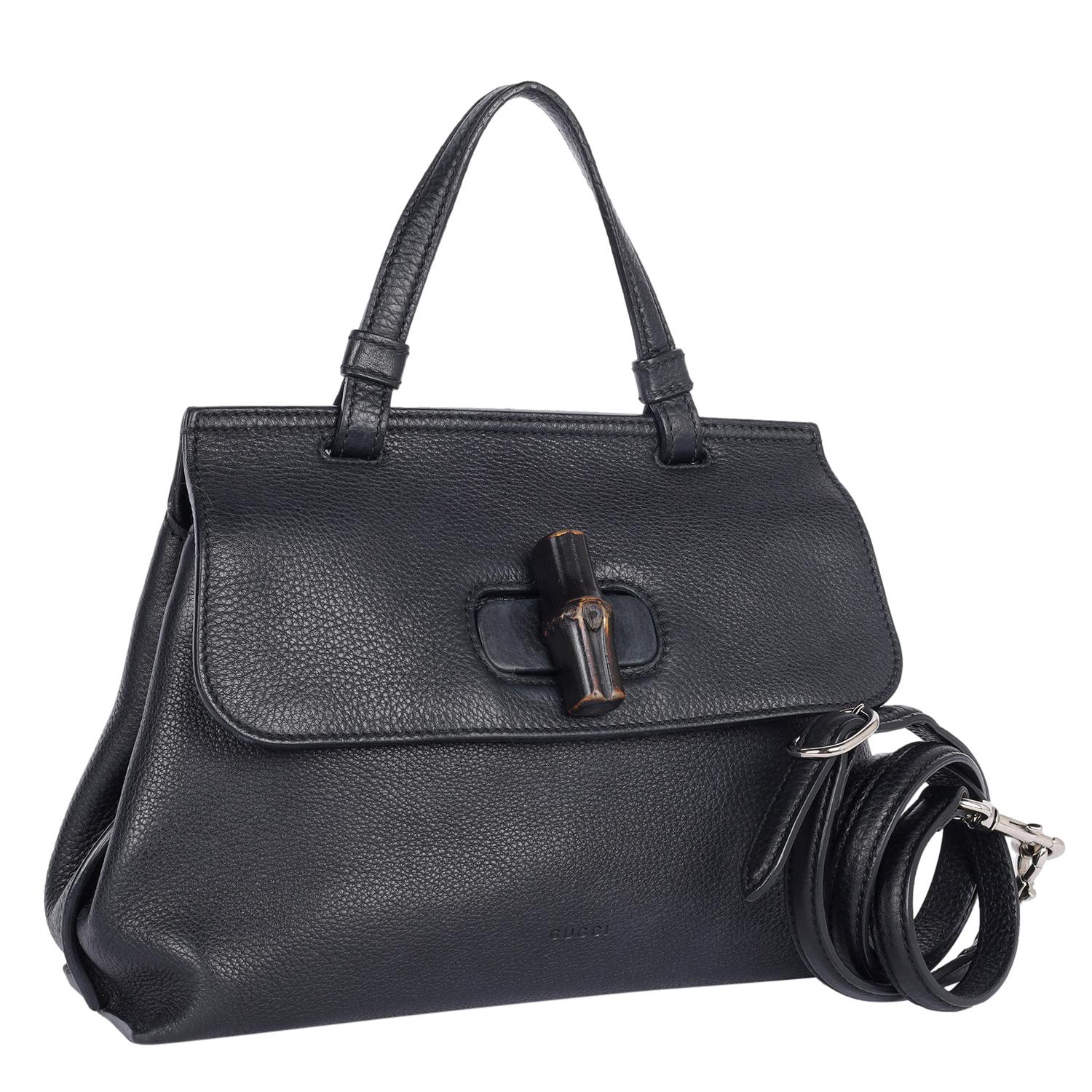 Gucci Borsa a manico alto in pelle di vitello acciottolata Large Bamboo Daily Nero in vendita 5