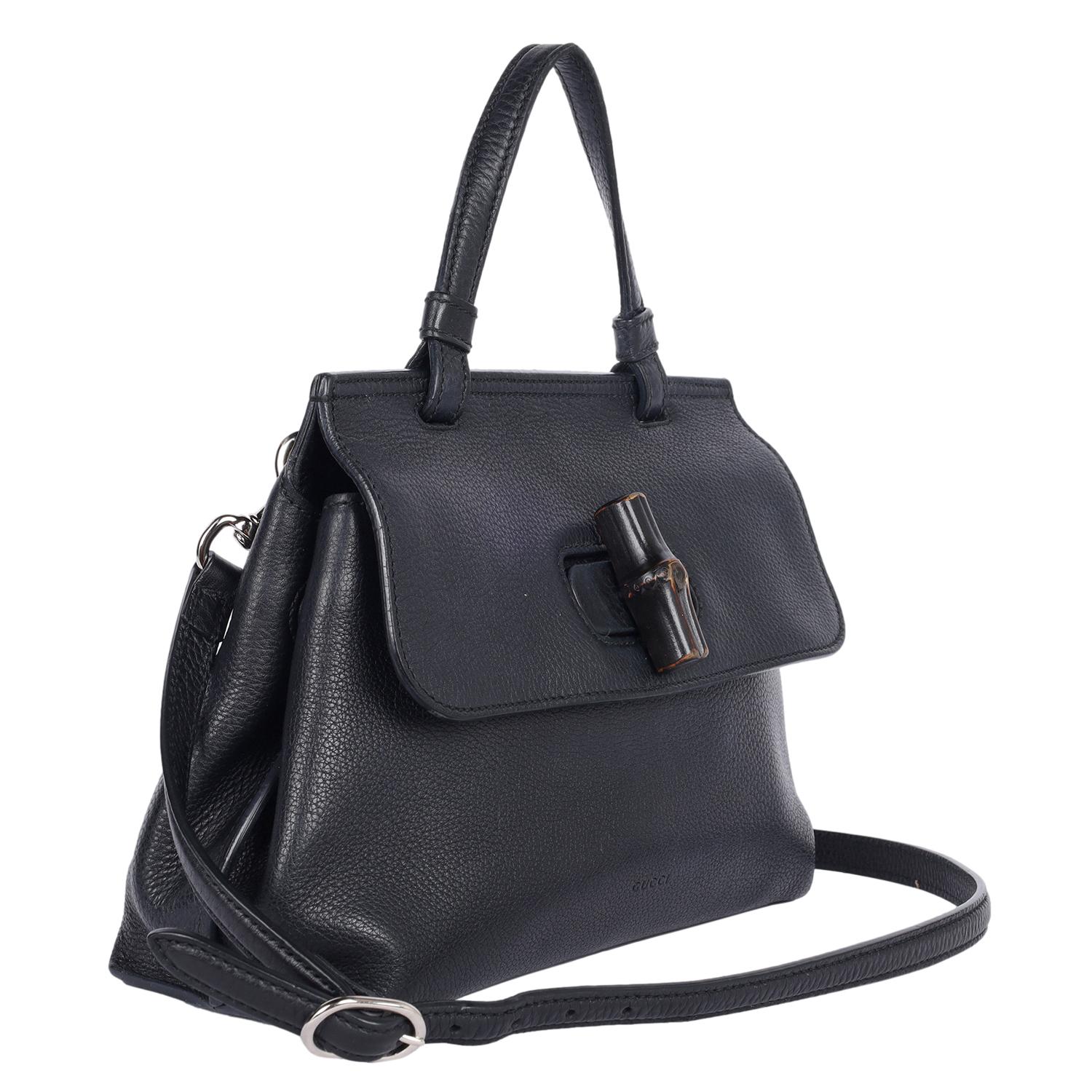 Donna Gucci Borsa a manico alto in pelle di vitello acciottolata Large Bamboo Daily Nero in vendita