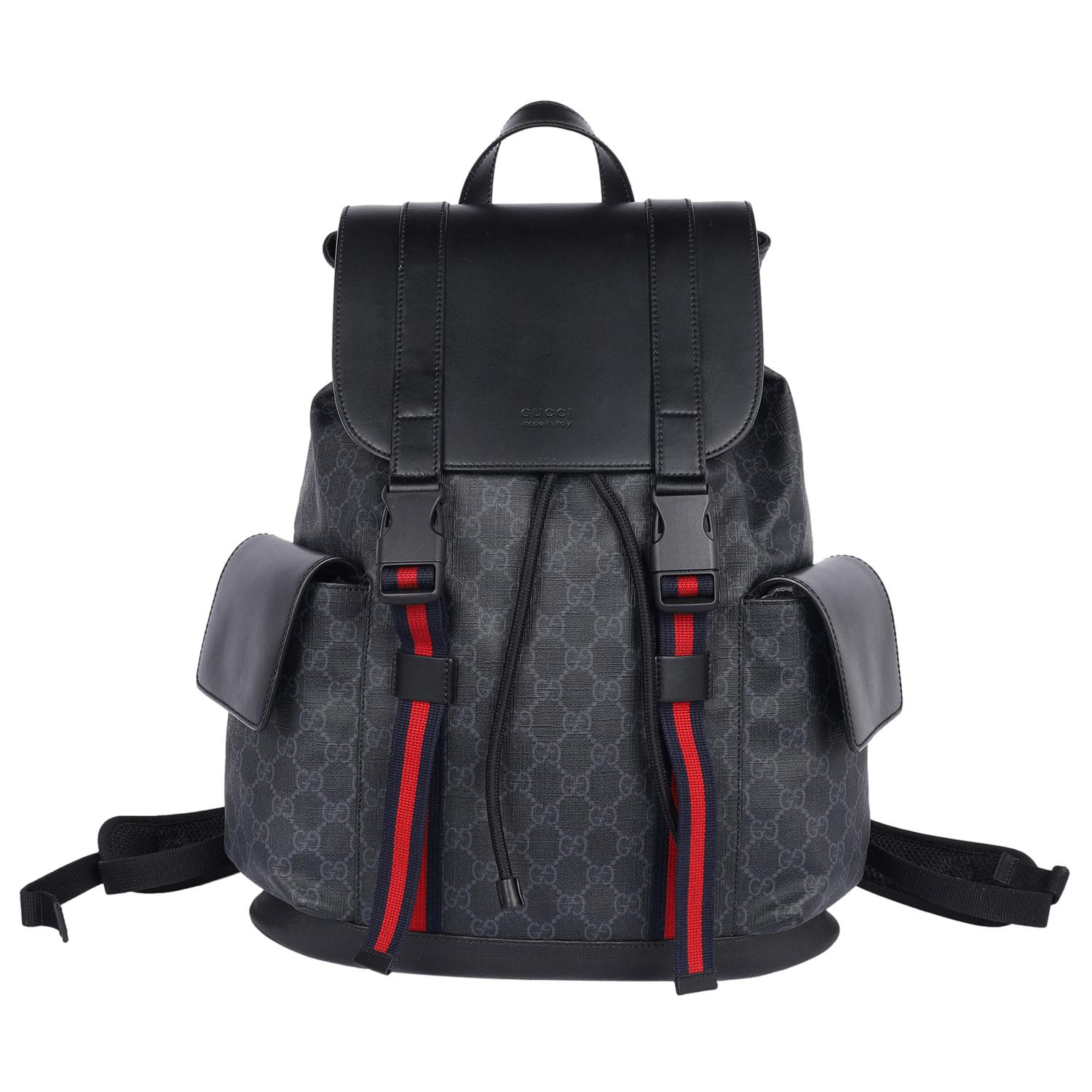 GUCCI GG Supreme Monogram Kalbsleder Web Double Buckle Rucksack Schwarz im Angebot 4