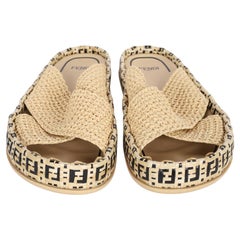 Fendi Contemporary Zucca FF Logo Raffia Mules Size 40 Beige Slides