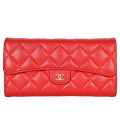 Chanel Caviar Quilted Large Flap Wallet Red Gold CC Logo Made in Spain