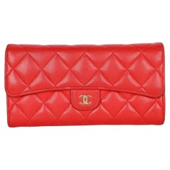 Chanel Caviar Quilted Large Flap Wallet Red Gold CC Logo Made in Spain