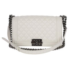 Chanel White Quilted Caviar Leather Boy Bag with Ruthenium Chain Strap