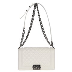 Chanel White Quilted Caviar Leather Boy Bag with Ruthenium Chain Strap