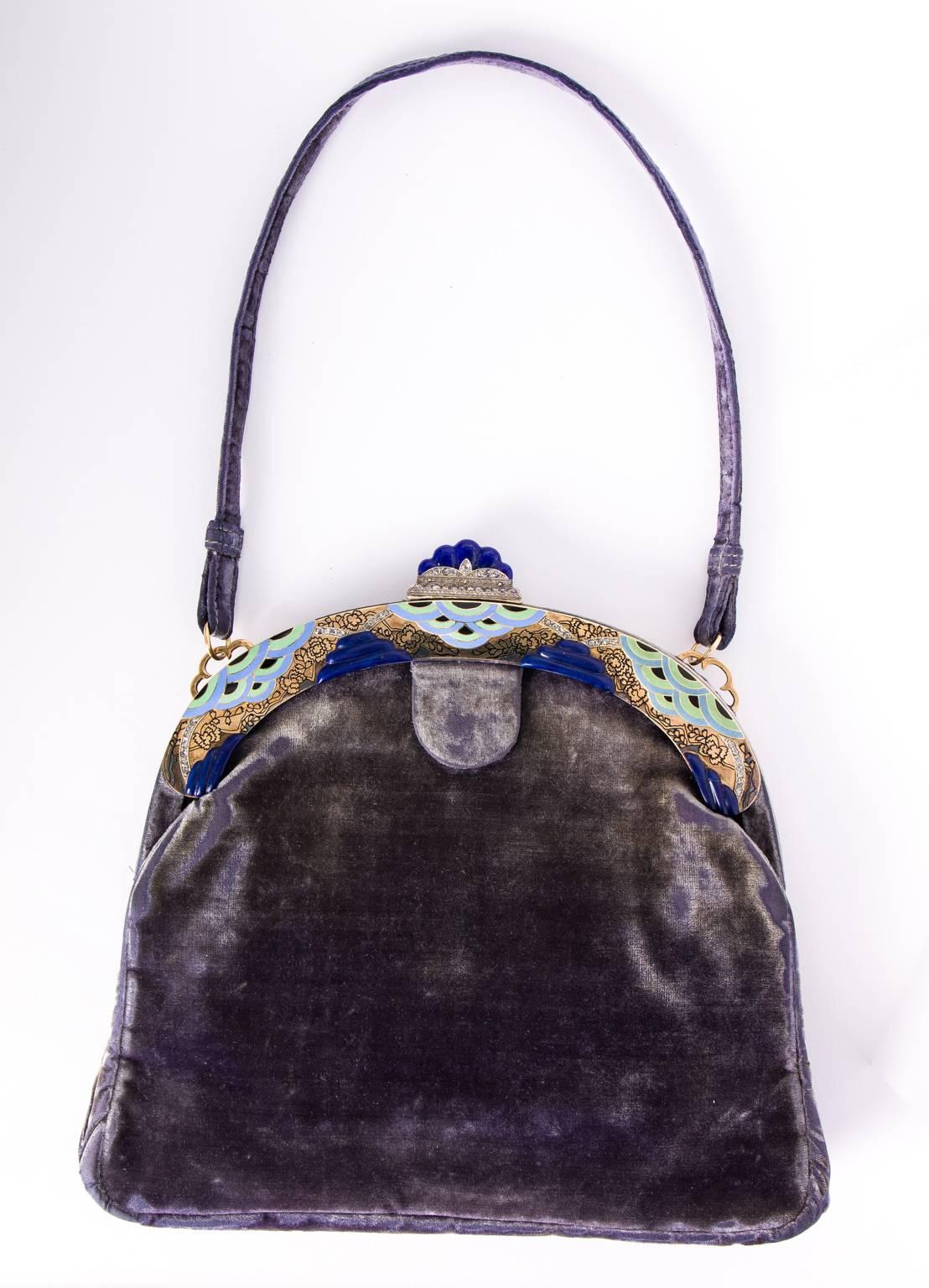  Ca. 1920's French Art Deco purple velvet evening bag. 14K gold frame embellished with diamonds, carved lapis lazuli clasp and enameled edges in a stylized oriental cloud motif. Very rare piece. 