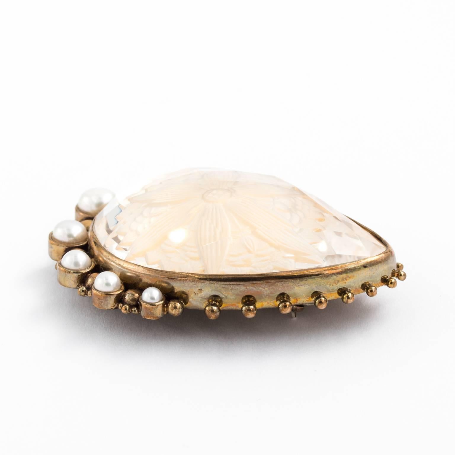 Retro Stephan Dweck Intaglio crystal and pearl brooch. Circa 1970's  For Sale