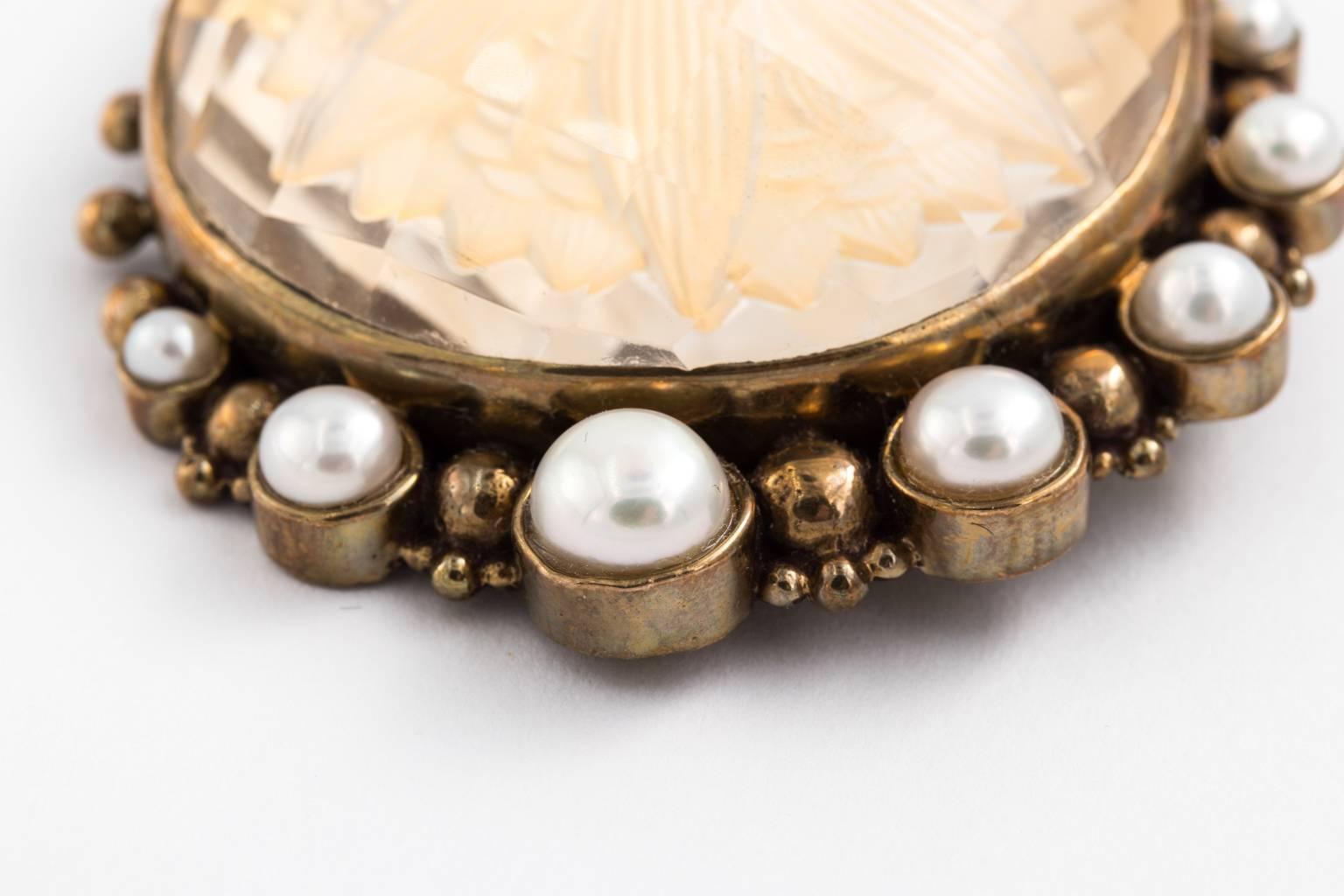 Stephan Dweck Intaglio crystal and pearl brooch. Circa 1970's  In Excellent Condition For Sale In Stamford, CT