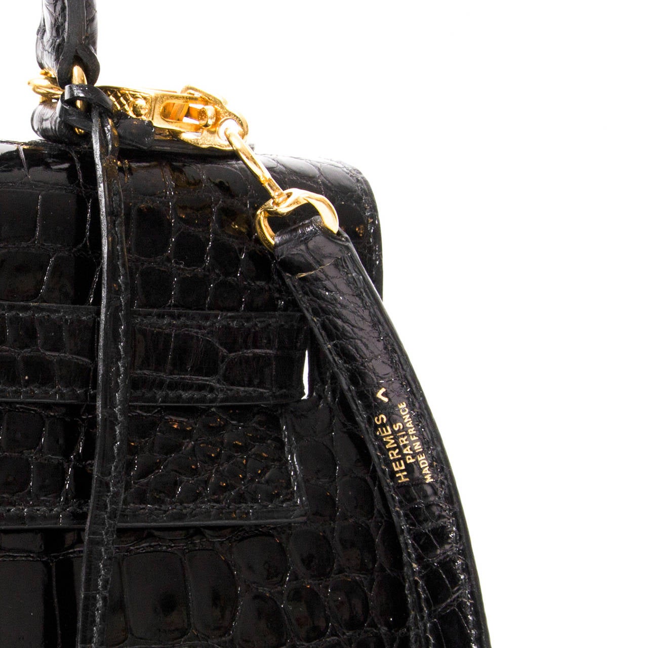Hermes Kelly Black Shiny Porosus Crocodile GHW In Excellent Condition In Antwerp, BE