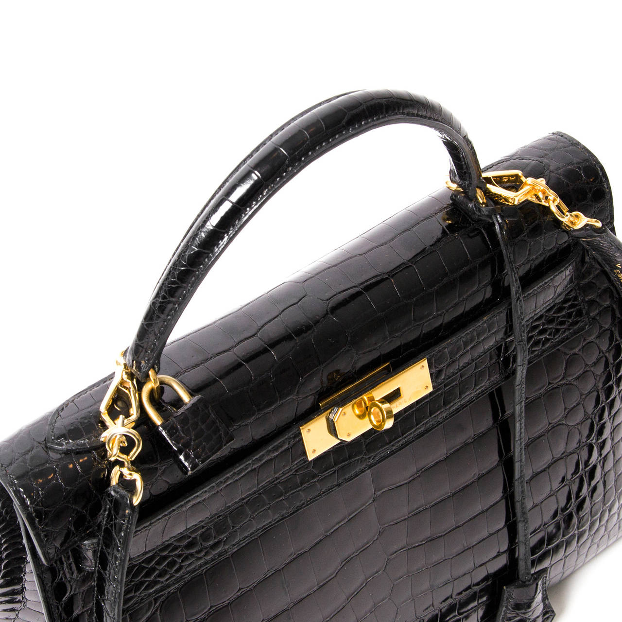 Women's Hermes Kelly Black Shiny Porosus Crocodile GHW