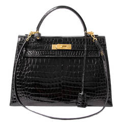 Hermes Kelly Black Shiny Porosus Crocodile GHW