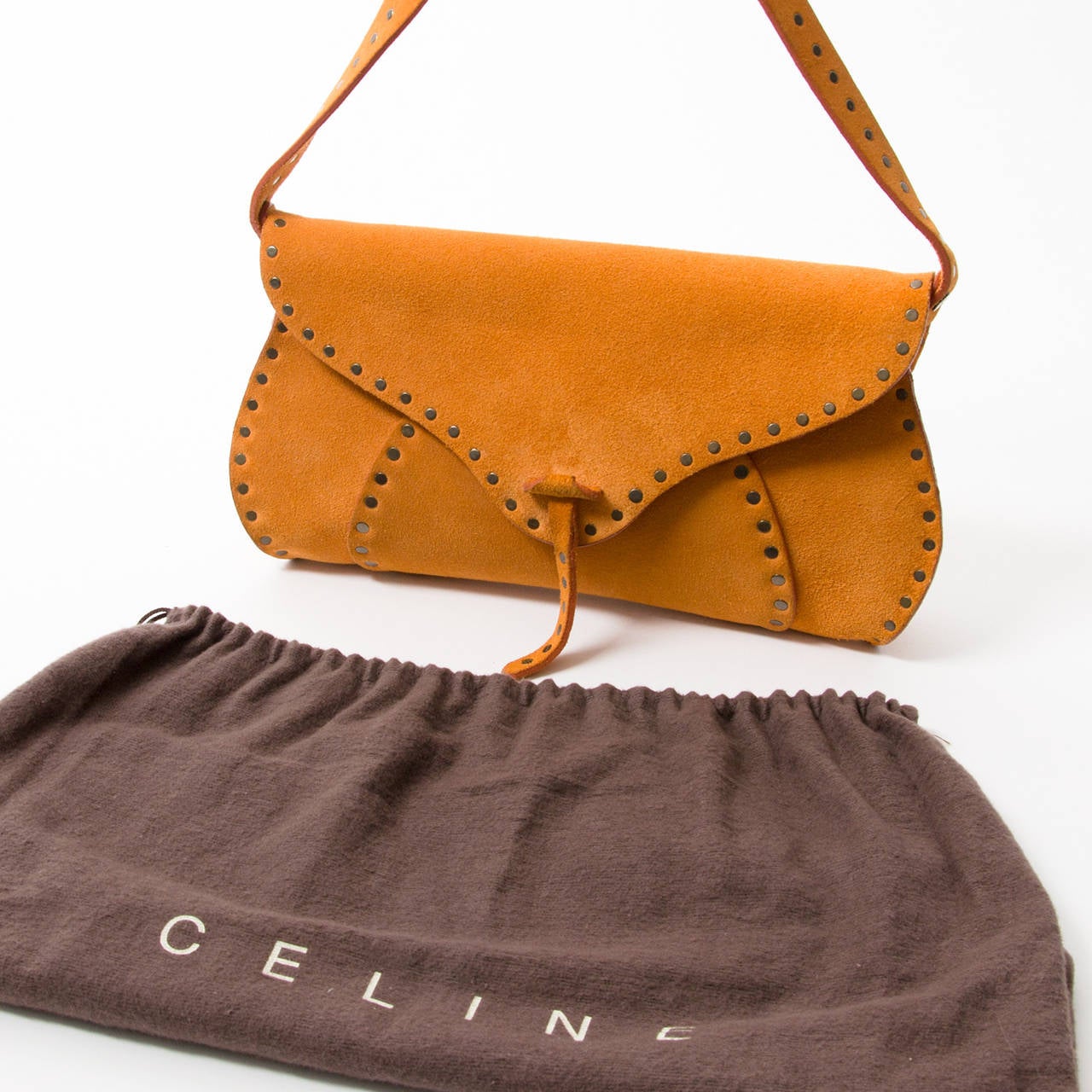 Orange Celine Ochre Suede Studded Saddle Bag