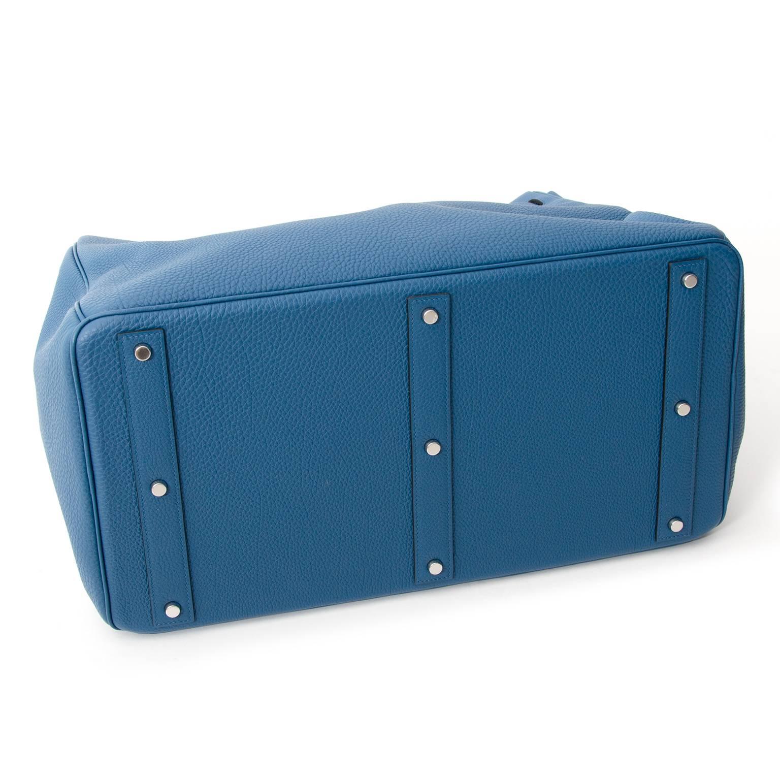 Hermès Bleu de Galice 50 cm Haut a Courroies store fresh with the protective plastic intact on the hardware. Considered the ultimate in luxury for both men and women, the handcrafted HAC is extremely rare, especially in this size 50 and color