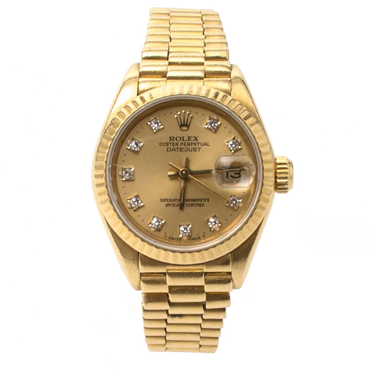 Rolex Women's Yellow Gold Presidential Diamond Watch For Sale