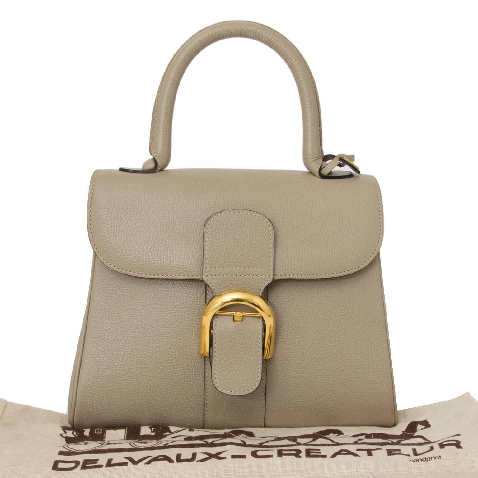 Delvaux brillant PM in a soft and stylish sandy beige. Comes with gold hardware and top handle. There is an iconic D appliqué around the top handle. Four small studs on the bottom will protect this gorgeous bag. The interior features a zipper