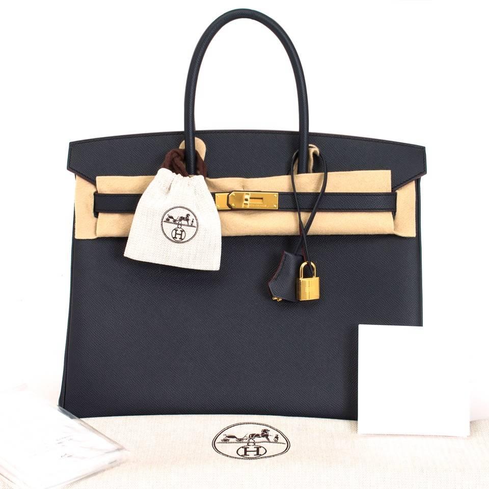 Store fresh this Hermès Birkin 35 Limited Blue Indigo Contour Veau Epsom. 
Blue Indigo is one of the most beautiful blue colors Hermes has ever created. It's a dark midnight blue which contrast beautiful with the  limited red contour and golden