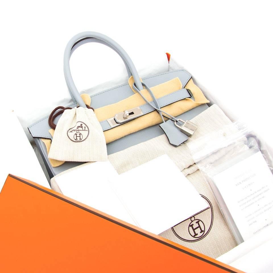 Hermes Birkin 30 Blue Glacier Epsom Brand new, recently storebought
Hermès Birkin bag measuring 30cm.

The silver-tone hardware emphasizes the youtfull and feminine Blue Glacier, a cool icy blue that is new for 2016
This compressed type of