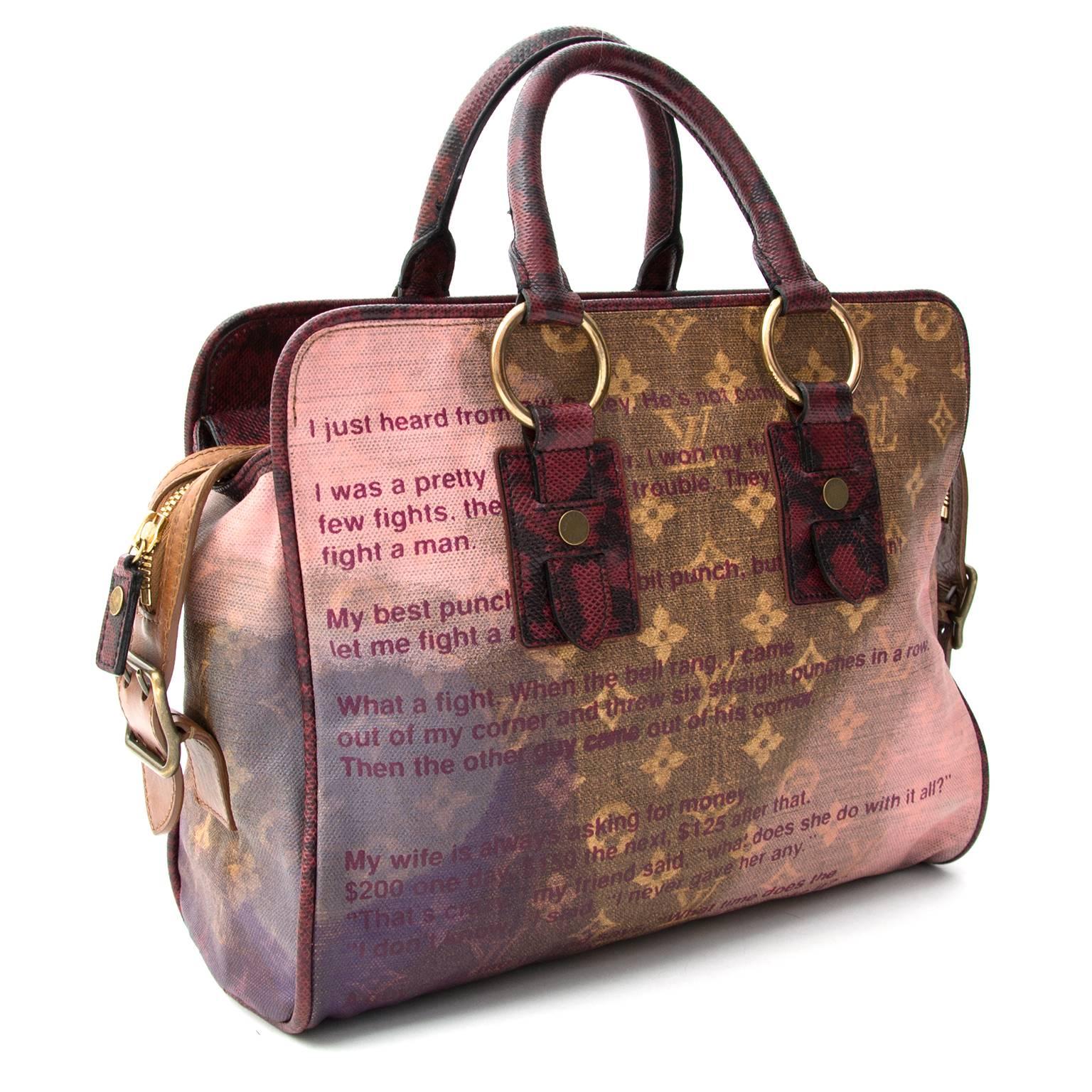Limited edition printed Jokes bag in pink and brown printed canvas. 
Finished with snakeprinted details on the closure and handles. 
This rare piece features golden hardware and zipper closure. 
Suede interior with two extra pockets.
